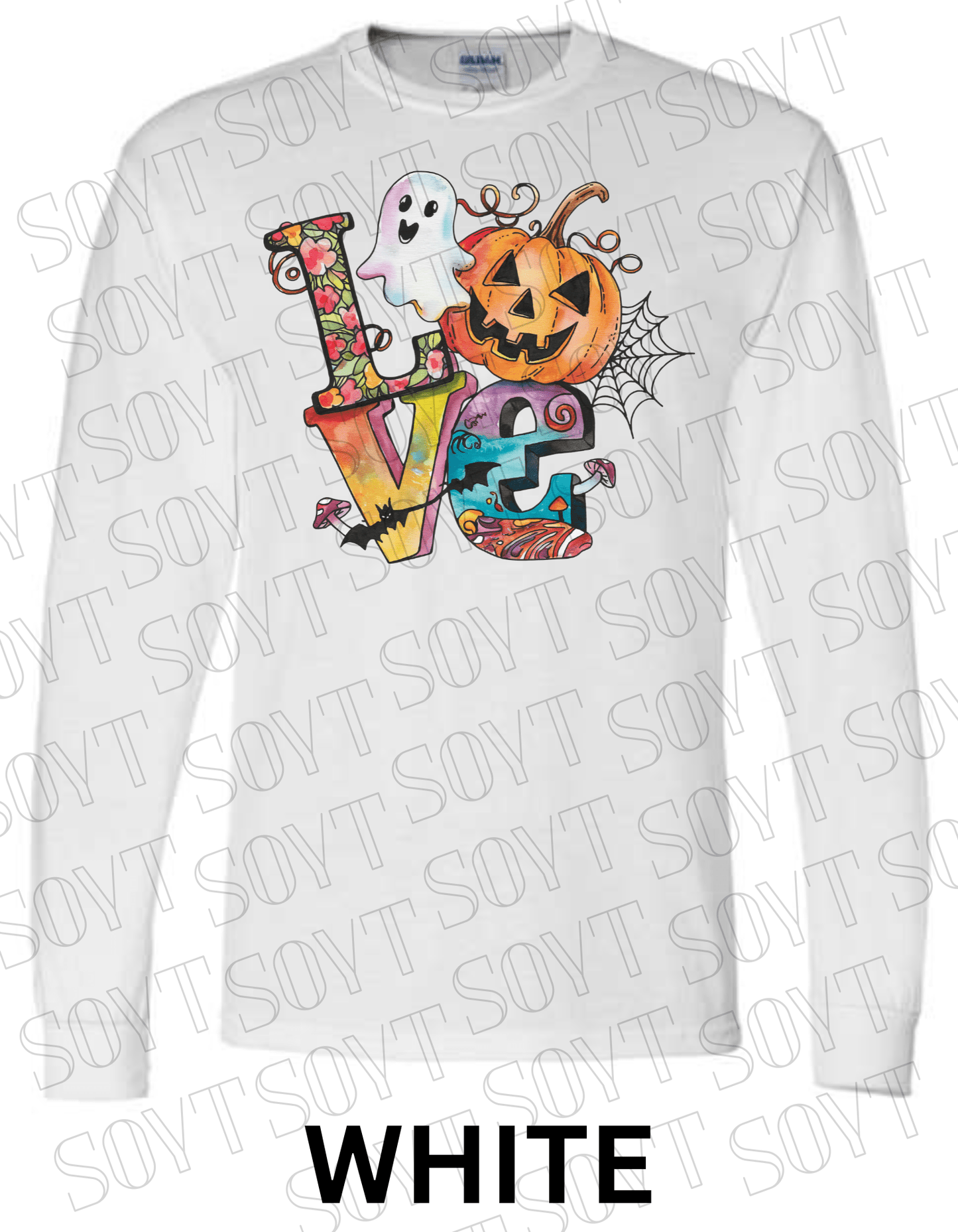 LOVE Halloween Long Sleeve Shirt – Colorful Ghost, Pumpkin, Bats & Floral Letters Graphic - Festive Apparel StoreWhite