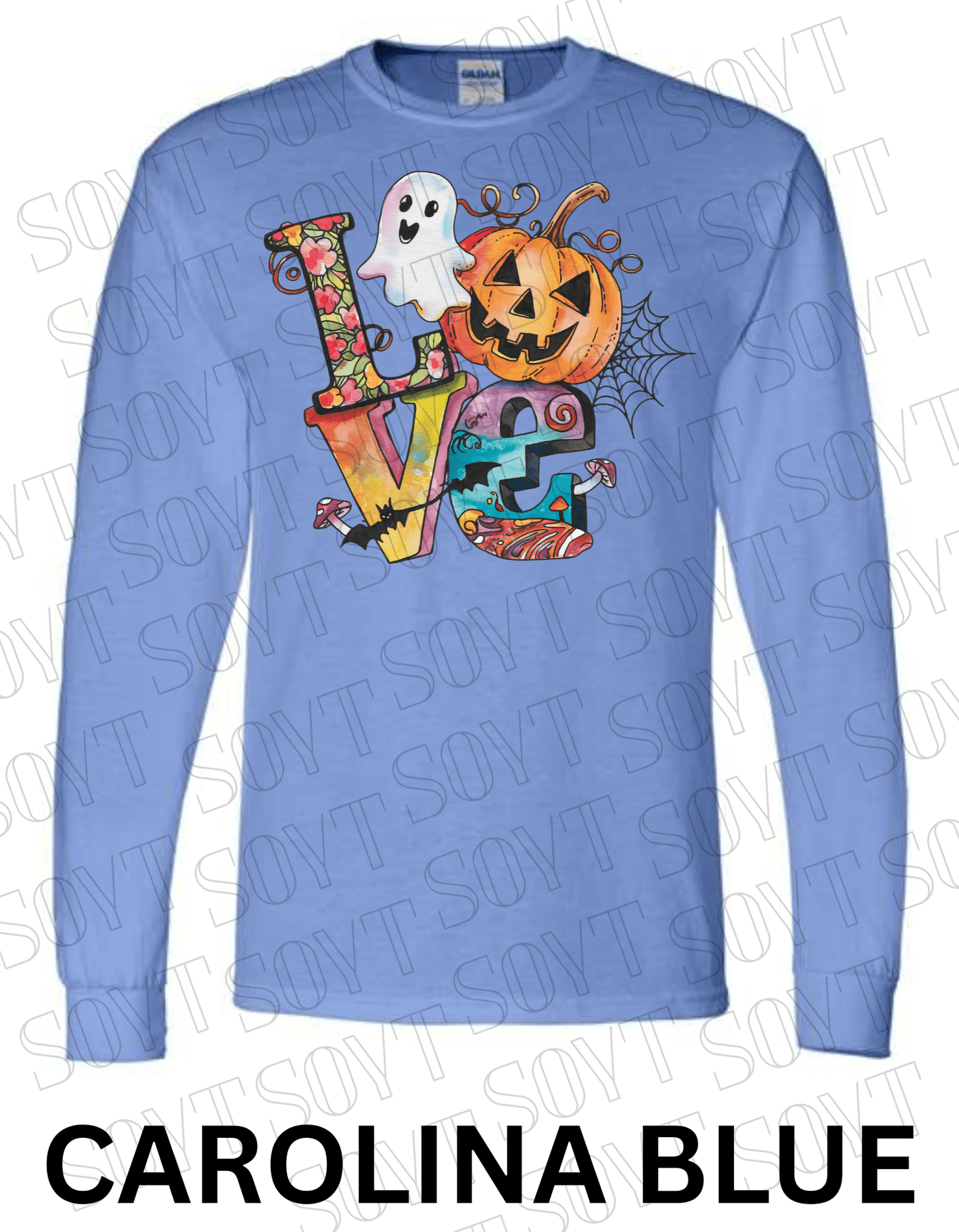 LOVE Halloween Long Sleeve Shirt – Colorful Ghost, Pumpkin, Bats & Floral Letters Graphic - Festive Apparel StoreCarolina Blue