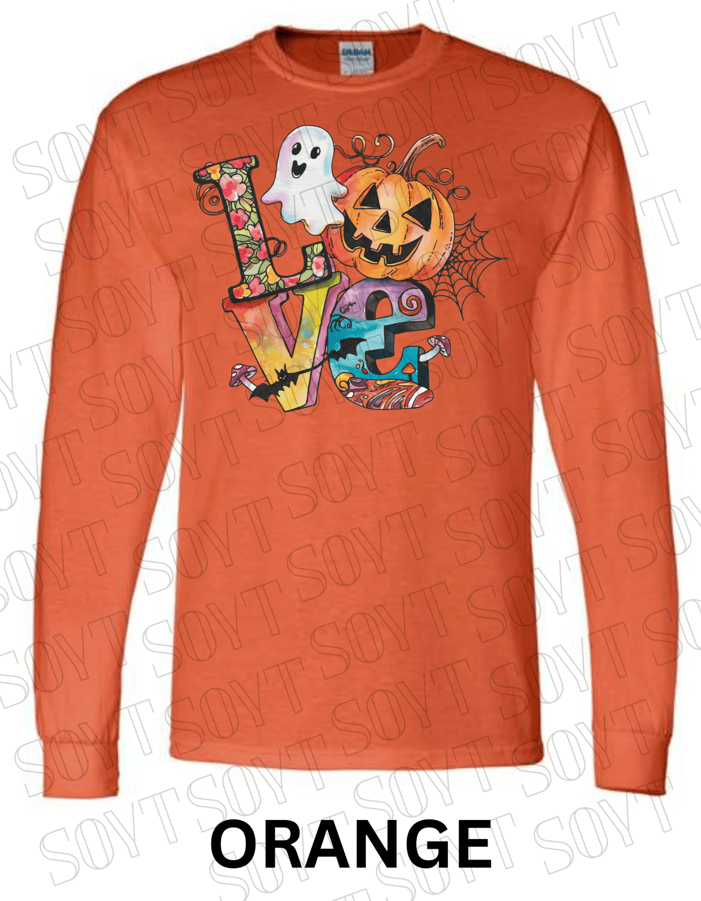 LOVE Halloween Long Sleeve Shirt – Colorful Ghost, Pumpkin, Bats & Floral Letters Graphic - Festive Apparel StoreOrange