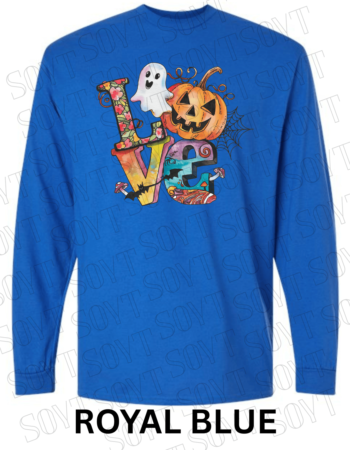 LOVE Halloween Long Sleeve Shirt – Colorful Ghost, Pumpkin, Bats & Floral Letters Graphic - Festive Apparel StoreRoyal Blue