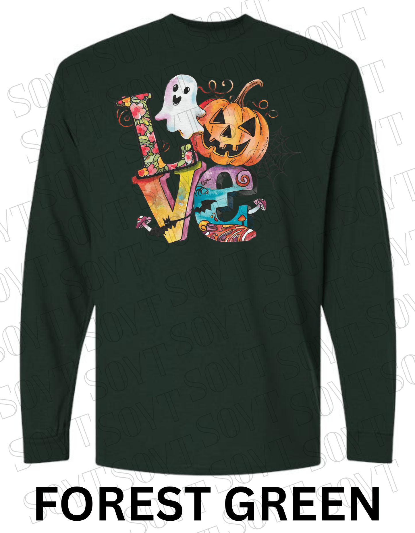 LOVE Halloween Long Sleeve Shirt – Colorful Ghost, Pumpkin, Bats & Floral Letters Graphic - Festive Apparel StoreForest Green