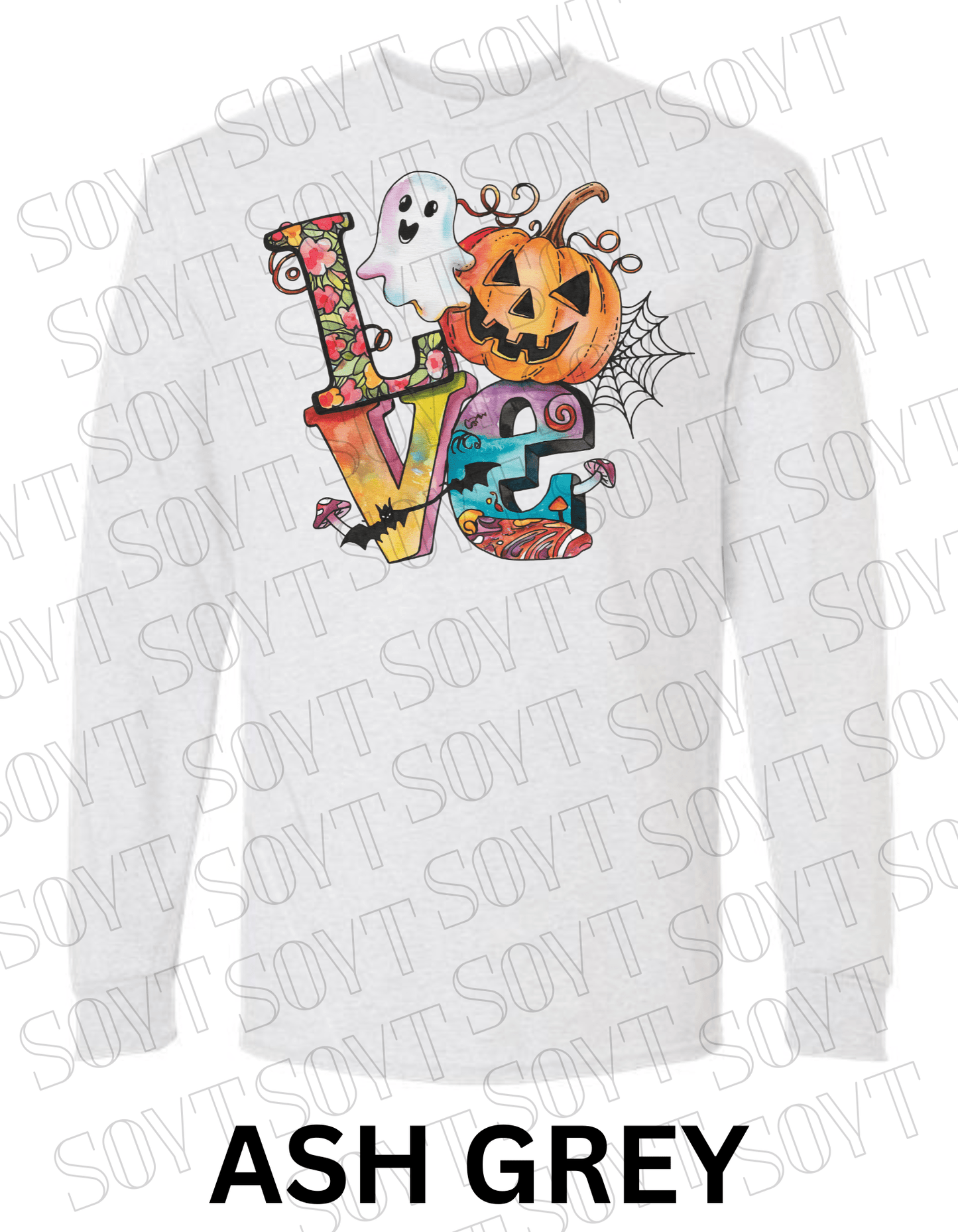 LOVE Halloween Long Sleeve Shirt – Colorful Ghost, Pumpkin, Bats & Floral Letters Graphic - Festive Apparel StoreAsh Gray