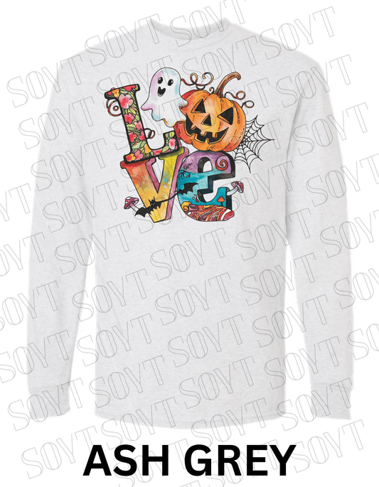 LOVE Halloween Long Sleeve Shirt – Colorful Ghost, Pumpkin, Bats & Floral Letters Graphic - Festive Apparel StoreAsh Gray