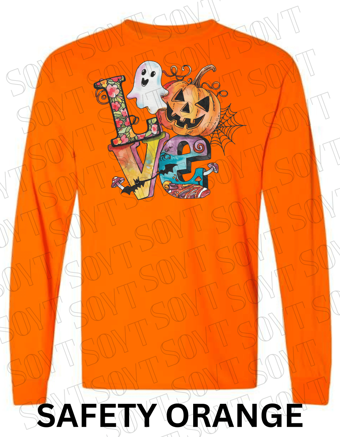 LOVE Halloween Long Sleeve Shirt – Colorful Ghost, Pumpkin, Bats & Floral Letters Graphic - Festive Apparel StoreSafety Orange