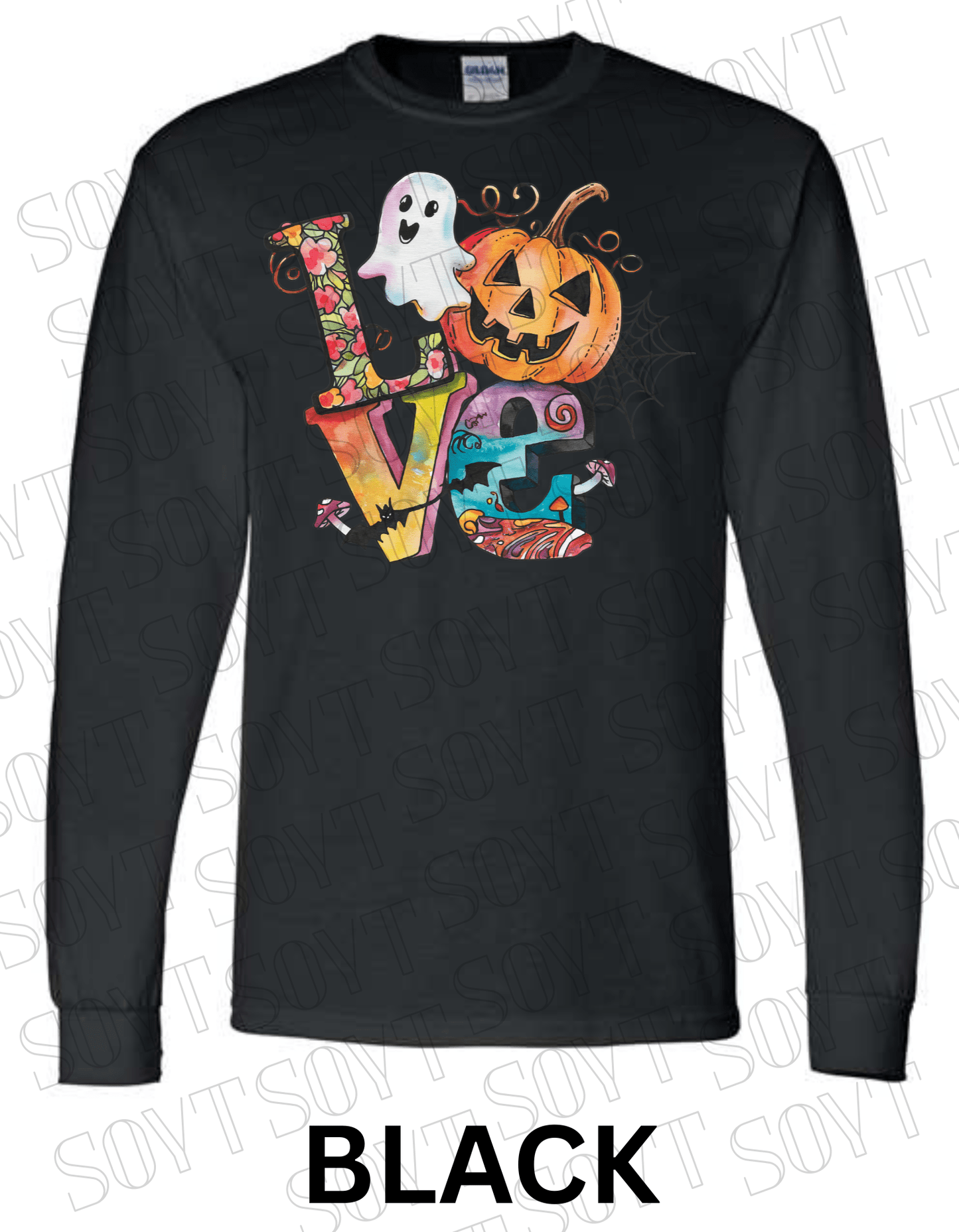 LOVE Halloween Long Sleeve Shirt – Colorful Ghost, Pumpkin, Bats & Floral Letters Graphic - Festive Apparel StoreBlack