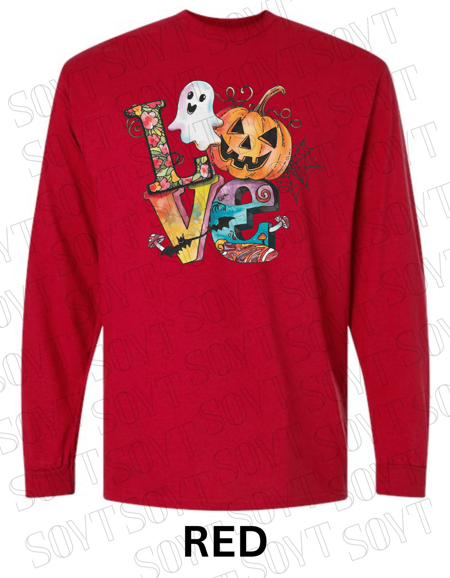 LOVE Halloween Long Sleeve Shirt – Colorful Ghost, Pumpkin, Bats & Floral Letters Graphic - Festive Apparel StoreRed