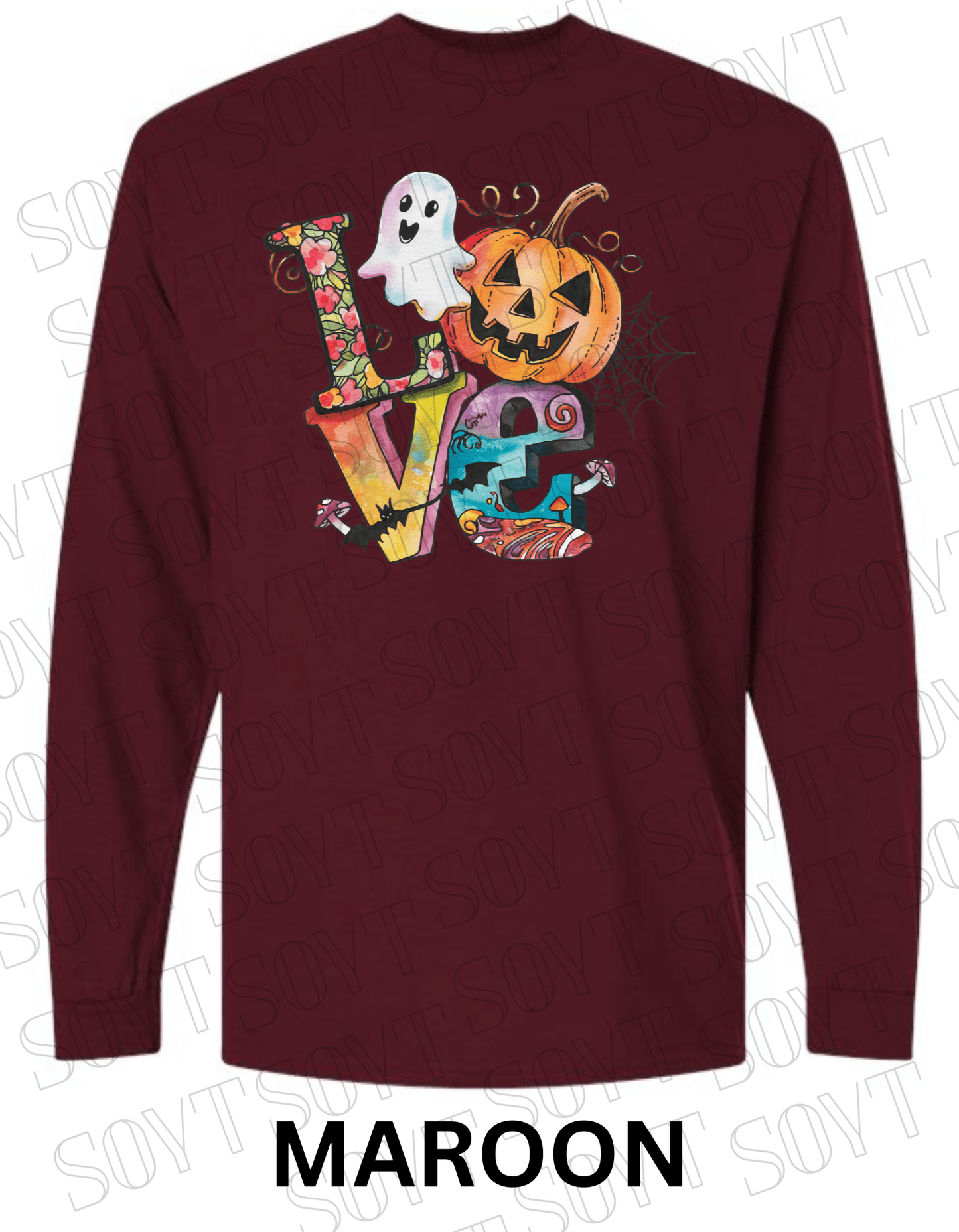LOVE Halloween Long Sleeve Shirt – Colorful Ghost, Pumpkin, Bats & Floral Letters Graphic - Festive Apparel StoreMaroon