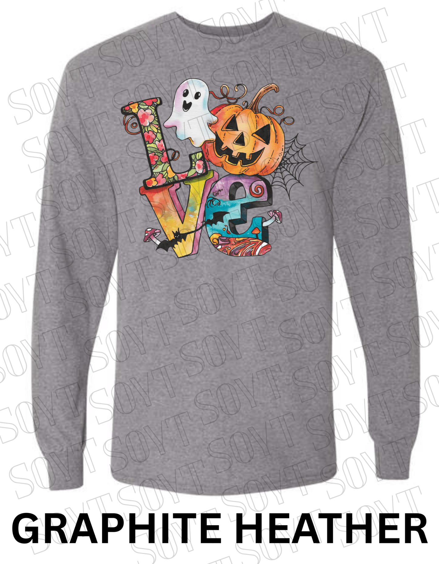 LOVE Halloween Long Sleeve Shirt – Colorful Ghost, Pumpkin, Bats & Floral Letters Graphic - Festive Apparel StoreGraphite Heather
