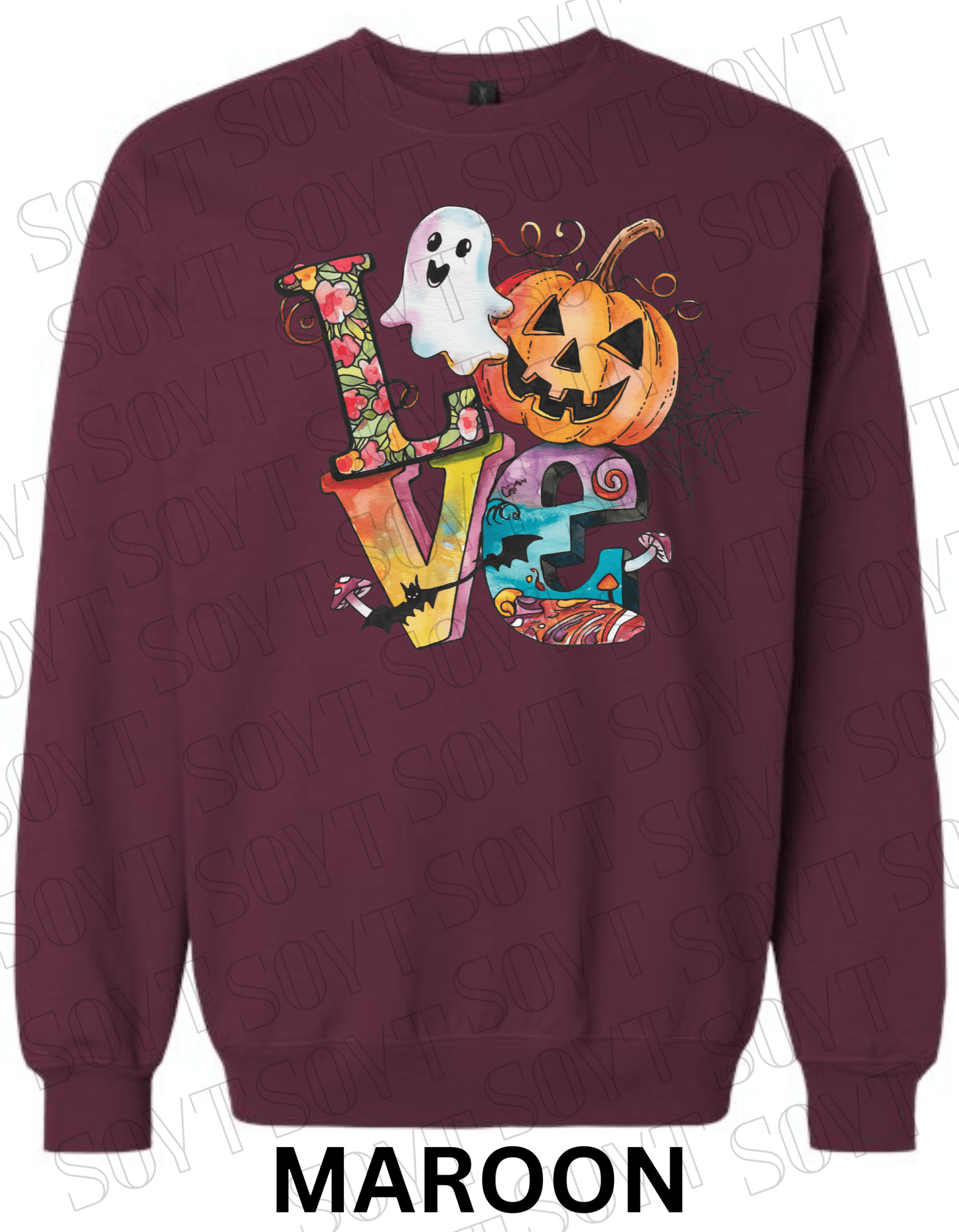 LOVE Halloween Sweatshirt – Colorful Pumpkin, Ghost & Bats Graphic Pullover for Fall - Festive Apparel StoreMaroon