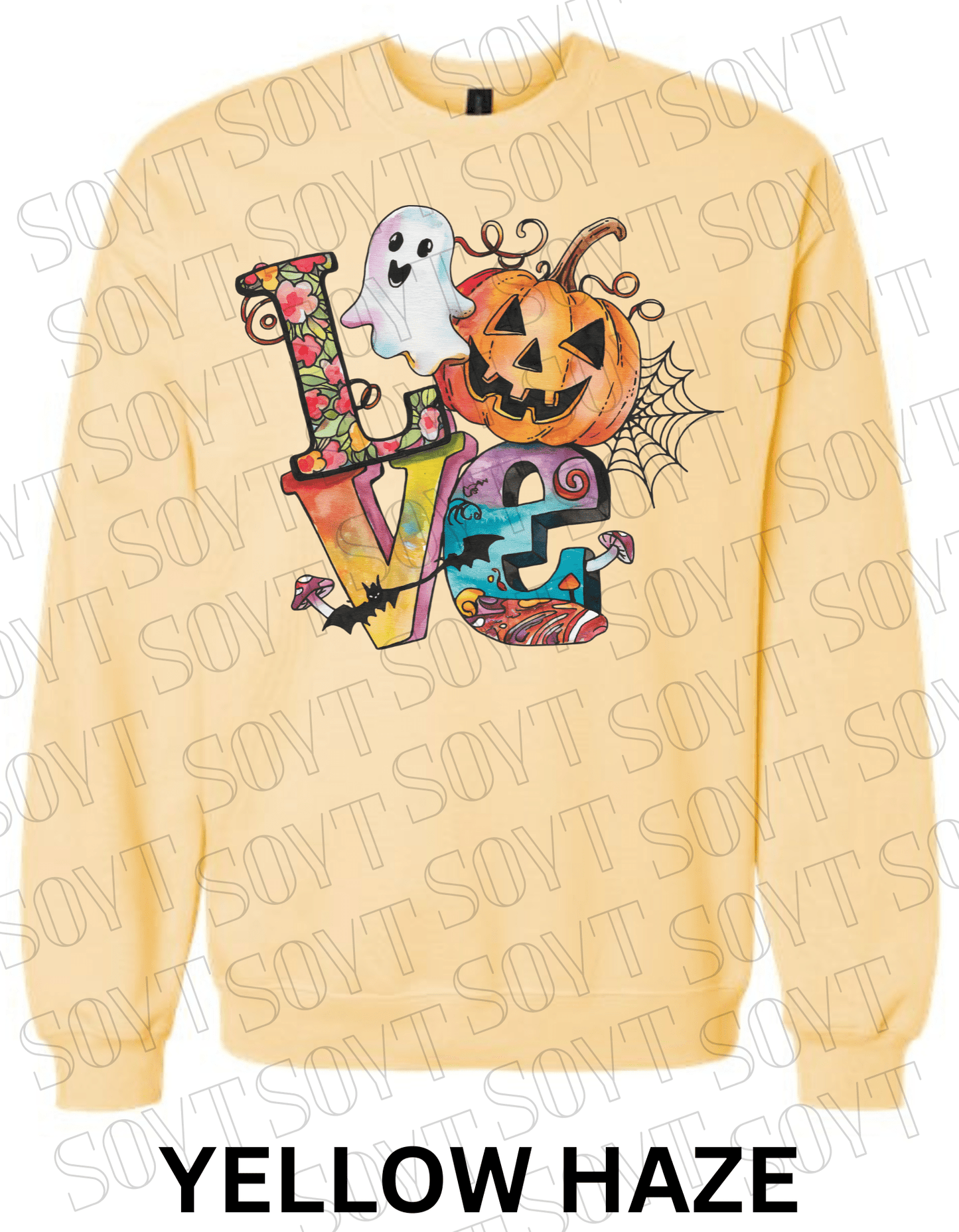 LOVE Halloween Sweatshirt – Colorful Pumpkin, Ghost & Bats Graphic Pullover for Fall - Festive Apparel StoreYellow Haze