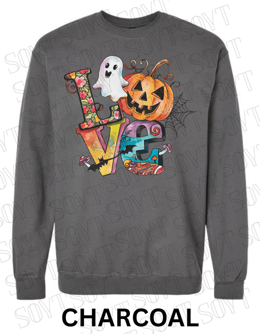 LOVE Halloween Sweatshirt – Colorful Pumpkin, Ghost & Bats Graphic Pullover for Fall - Festive Apparel StoreCharcoal