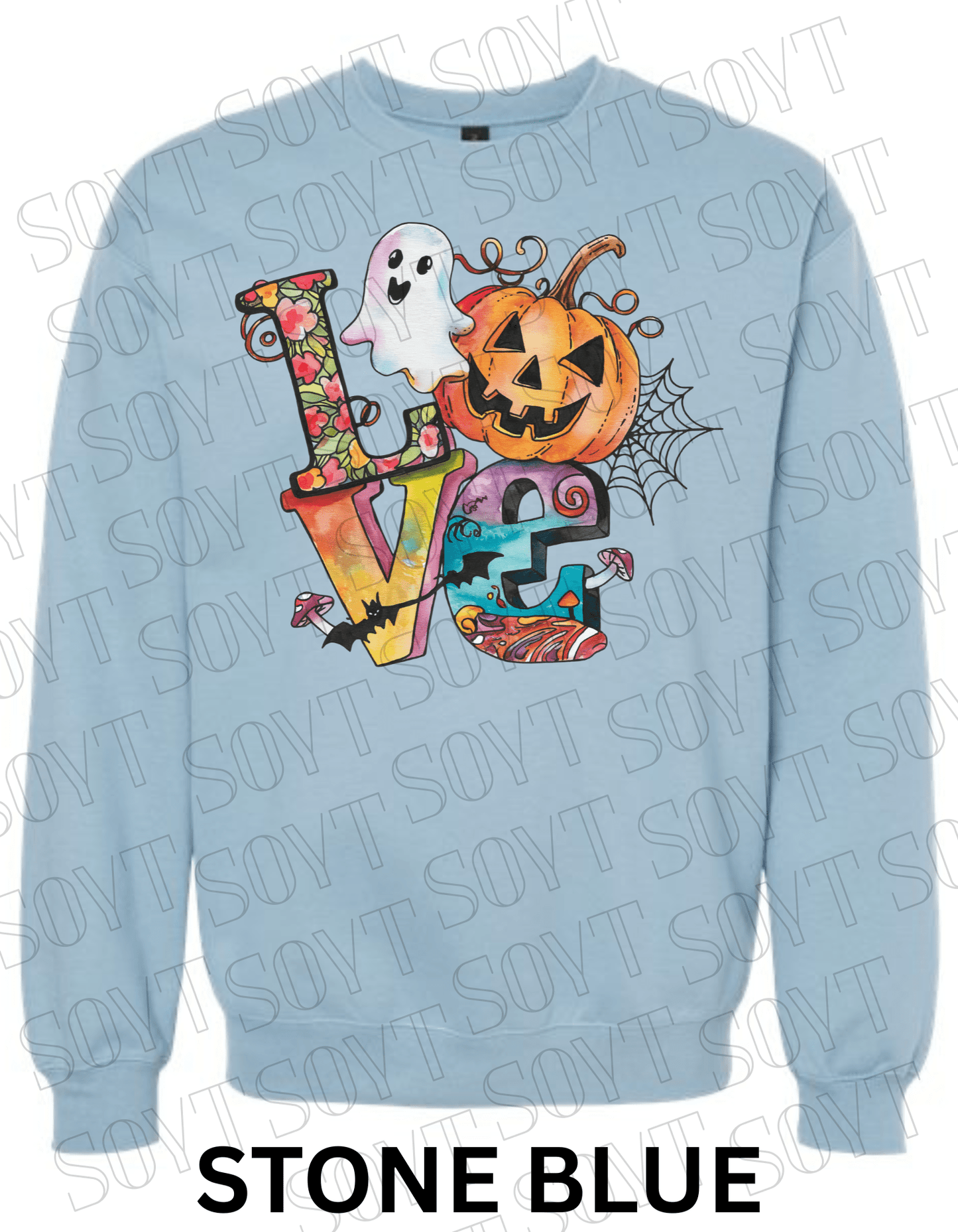 LOVE Halloween Sweatshirt – Colorful Pumpkin, Ghost & Bats Graphic Pullover for Fall - Festive Apparel StoreStone Blue
