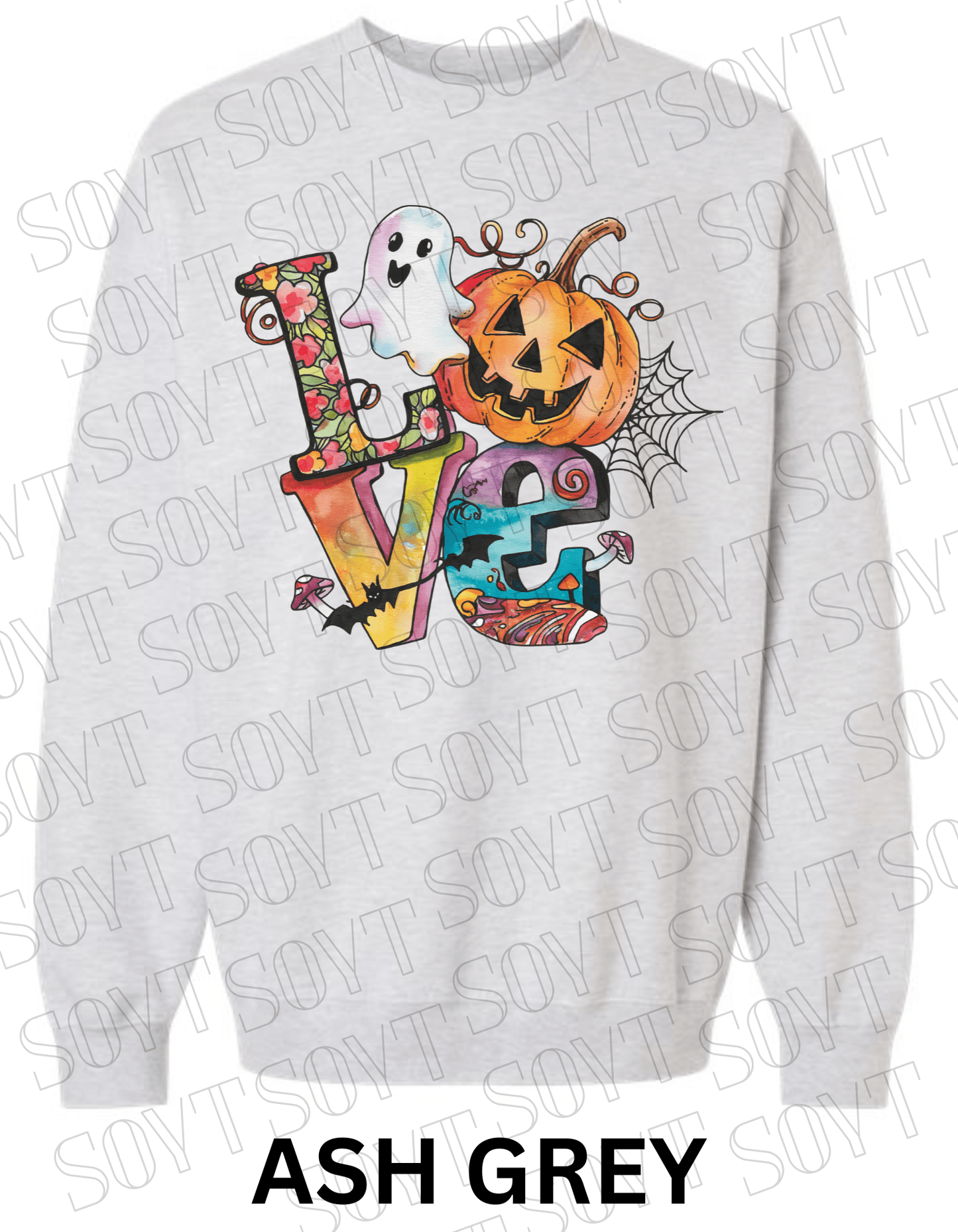 LOVE Halloween Sweatshirt – Colorful Pumpkin, Ghost & Bats Graphic Pullover for Fall - Festive Apparel StoreAsh Grey