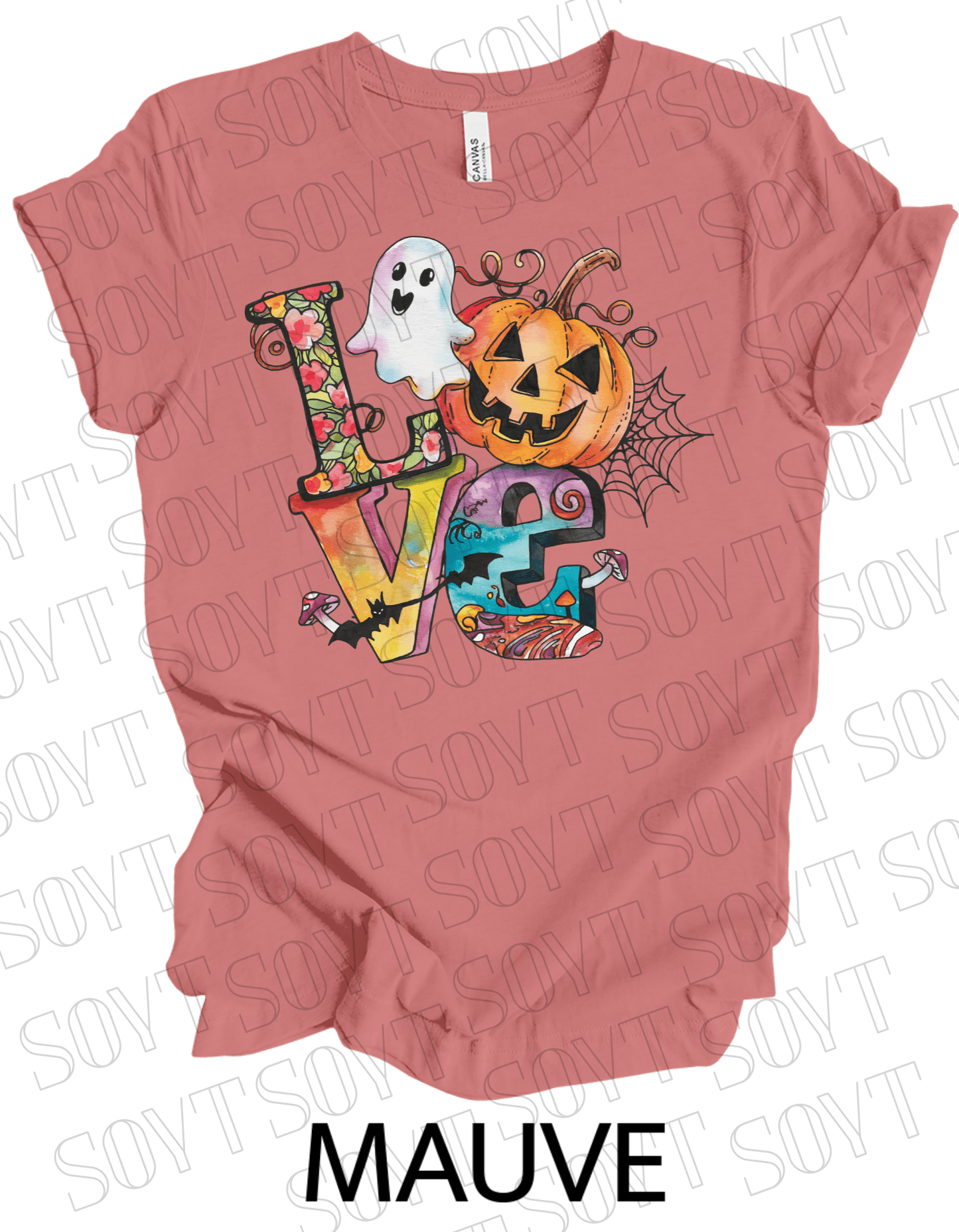 LOVE Halloween T-Shirt – Colorful Ghost, Pumpkin, Bat & Spiderweb Graphic Tee - Festive Apparel StoreMauve