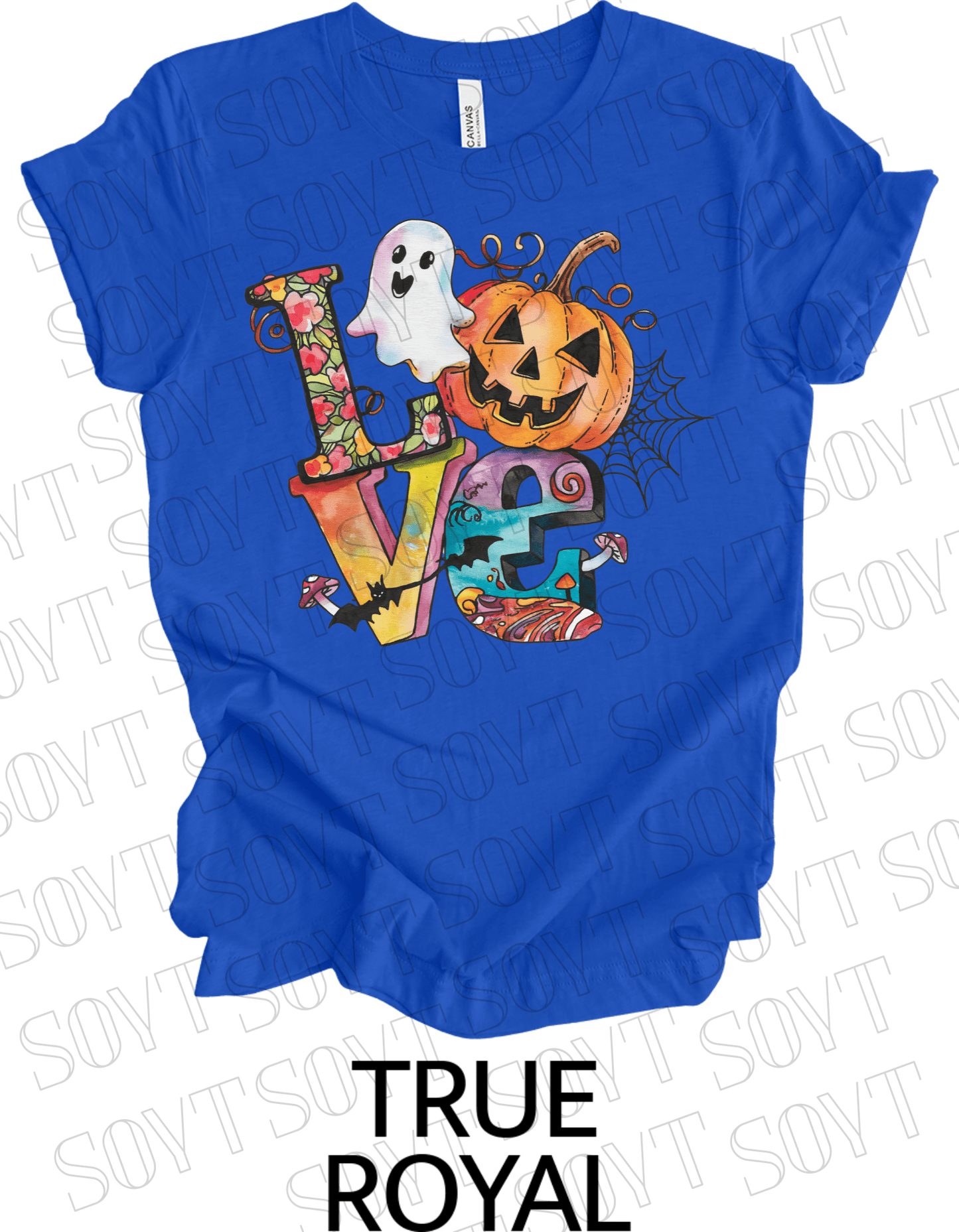 LOVE Halloween T-Shirt – Colorful Ghost, Pumpkin, Bat & Spiderweb Graphic Tee - Festive Apparel StoreRoyal Blue
