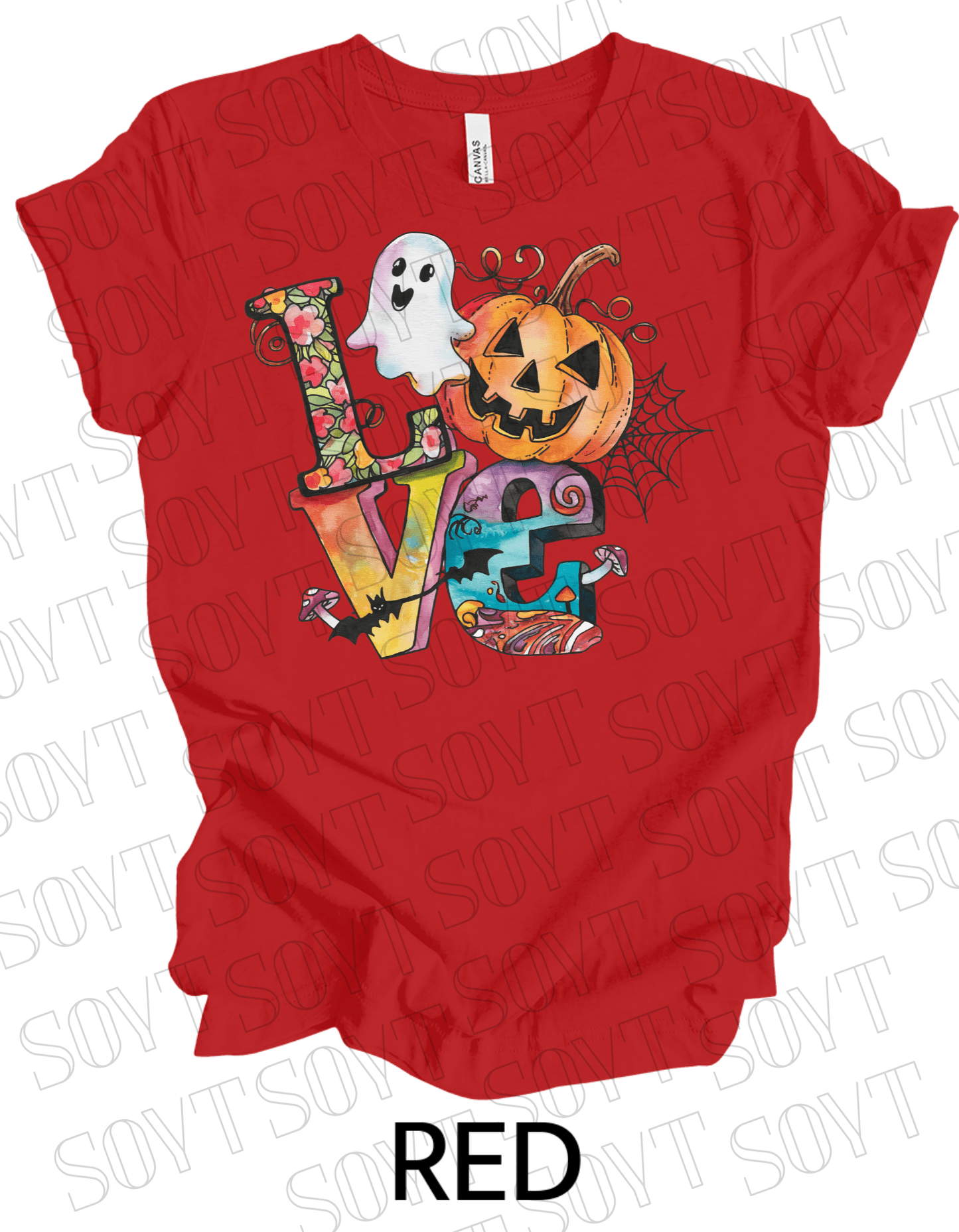 LOVE Halloween T-Shirt – Colorful Ghost, Pumpkin, Bat & Spiderweb Graphic Tee - Festive Apparel StoreRed