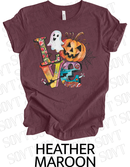 LOVE Halloween T-Shirt – Colorful Ghost, Pumpkin, Bat & Spiderweb Graphic Tee - Festive Apparel StoreHeather Maroon