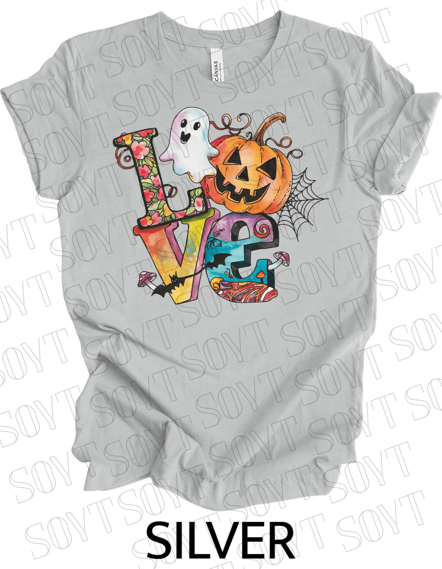 LOVE Halloween T-Shirt – Colorful Ghost, Pumpkin, Bat & Spiderweb Graphic Tee - Festive Apparel StoreSilver