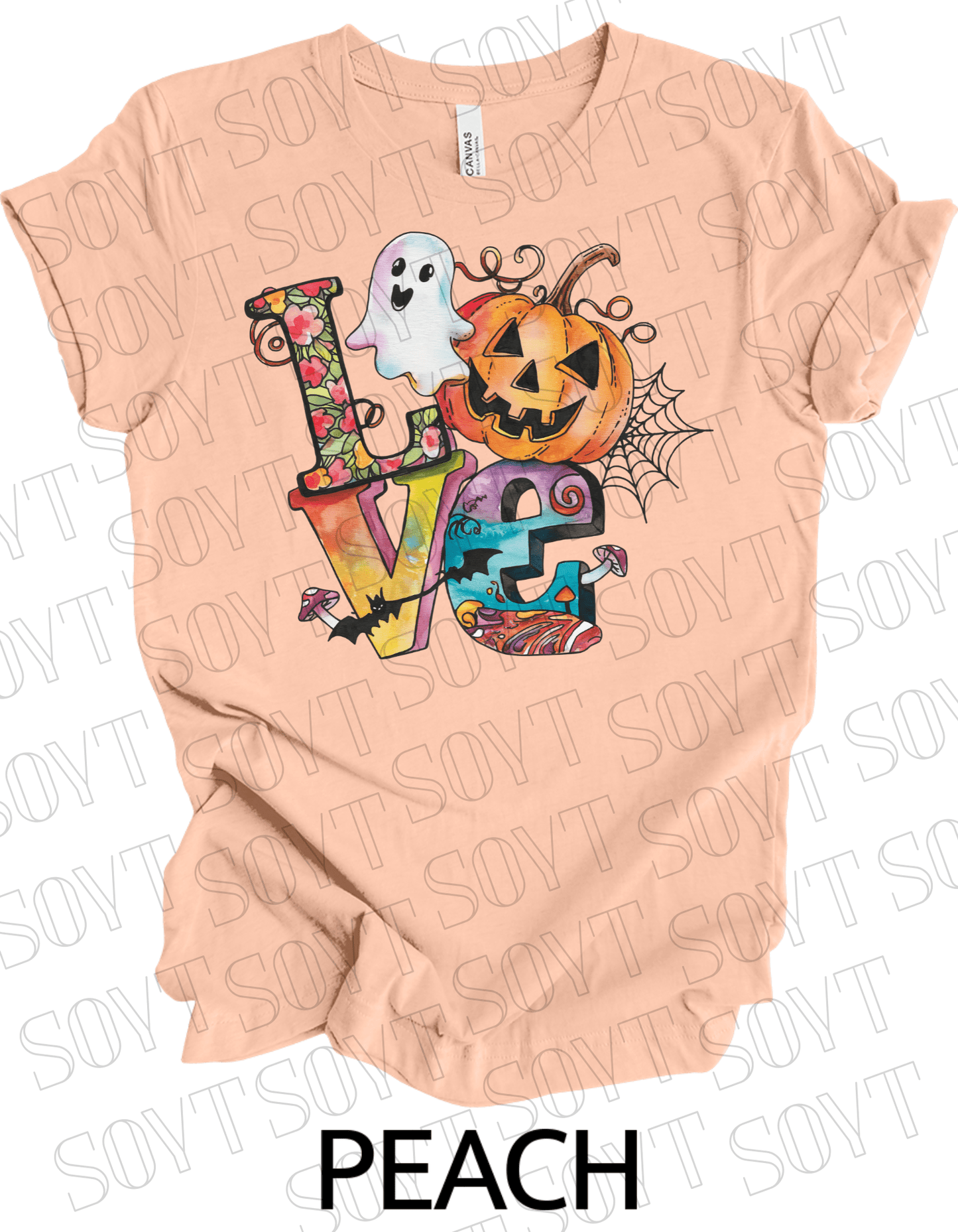 LOVE Halloween T-Shirt – Colorful Ghost, Pumpkin, Bat & Spiderweb Graphic Tee - Festive Apparel StorePeach