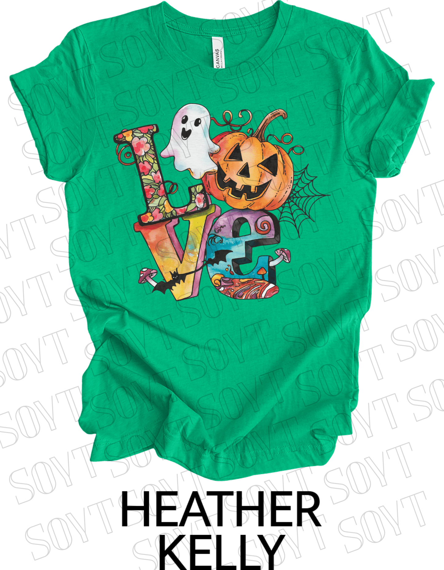 LOVE Halloween T-Shirt – Colorful Ghost, Pumpkin, Bat & Spiderweb Graphic Tee - Festive Apparel StoreHeather Kelly Green