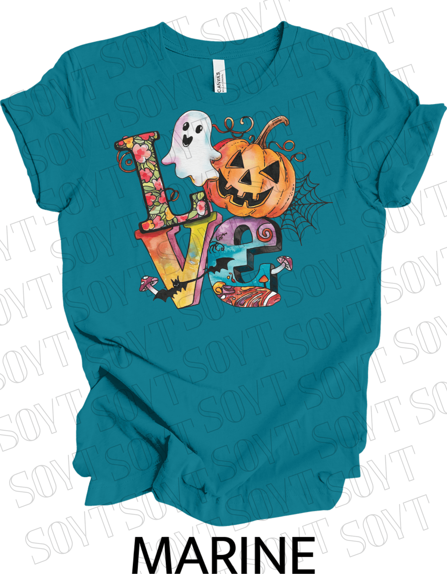 LOVE Halloween T-Shirt – Colorful Ghost, Pumpkin, Bat & Spiderweb Graphic Tee - Festive Apparel StoreMarine