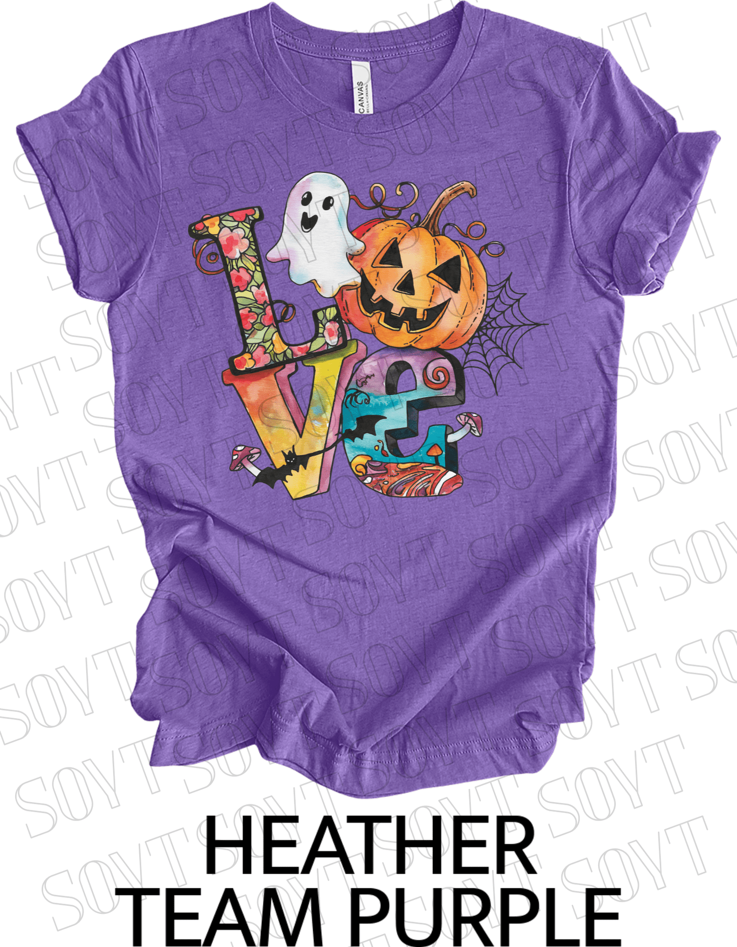 LOVE Halloween T-Shirt – Colorful Ghost, Pumpkin, Bat & Spiderweb Graphic Tee - Festive Apparel StoreHeather Purple