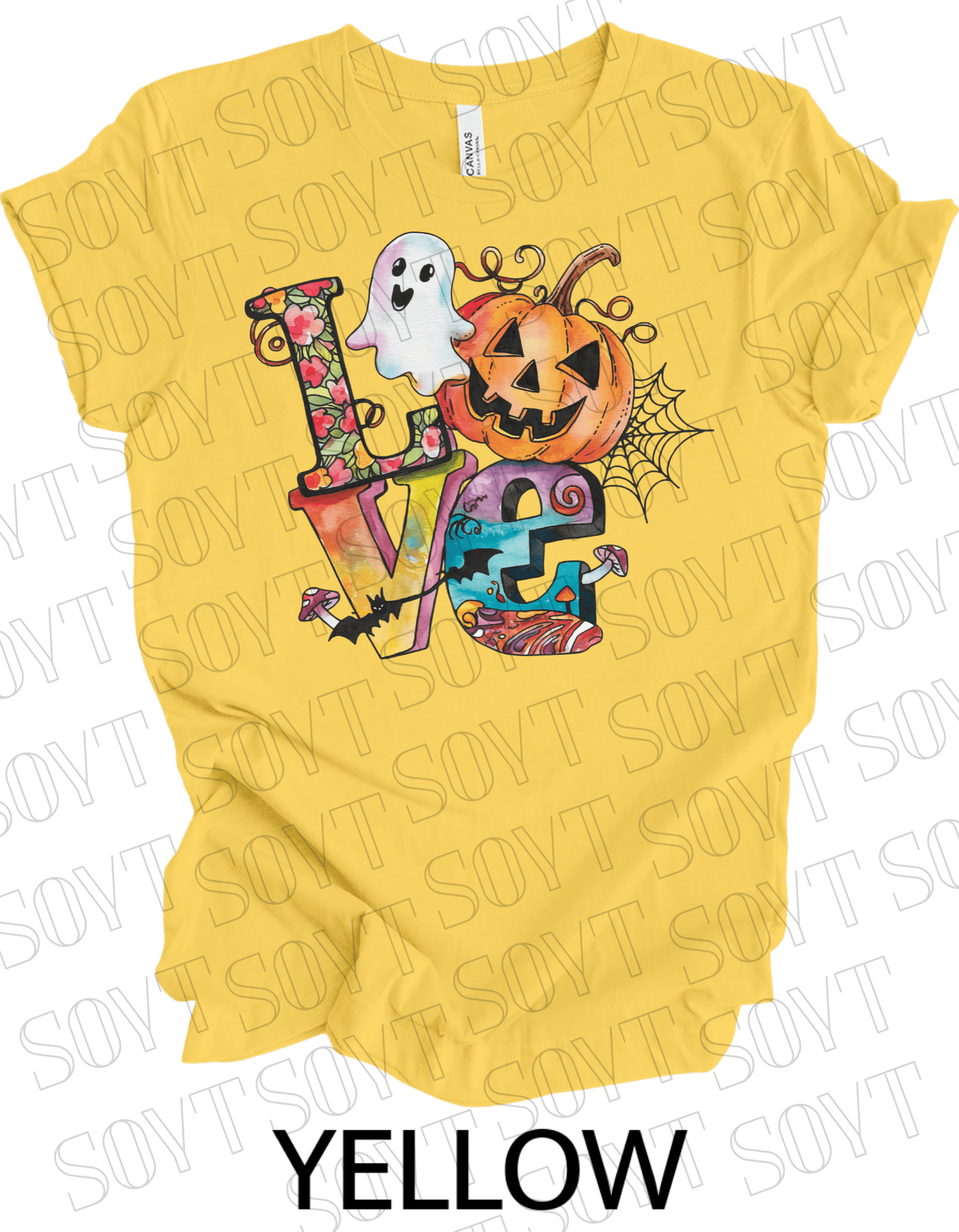 LOVE Halloween T-Shirt – Colorful Ghost, Pumpkin, Bat & Spiderweb Graphic Tee - Festive Apparel StoreYellow