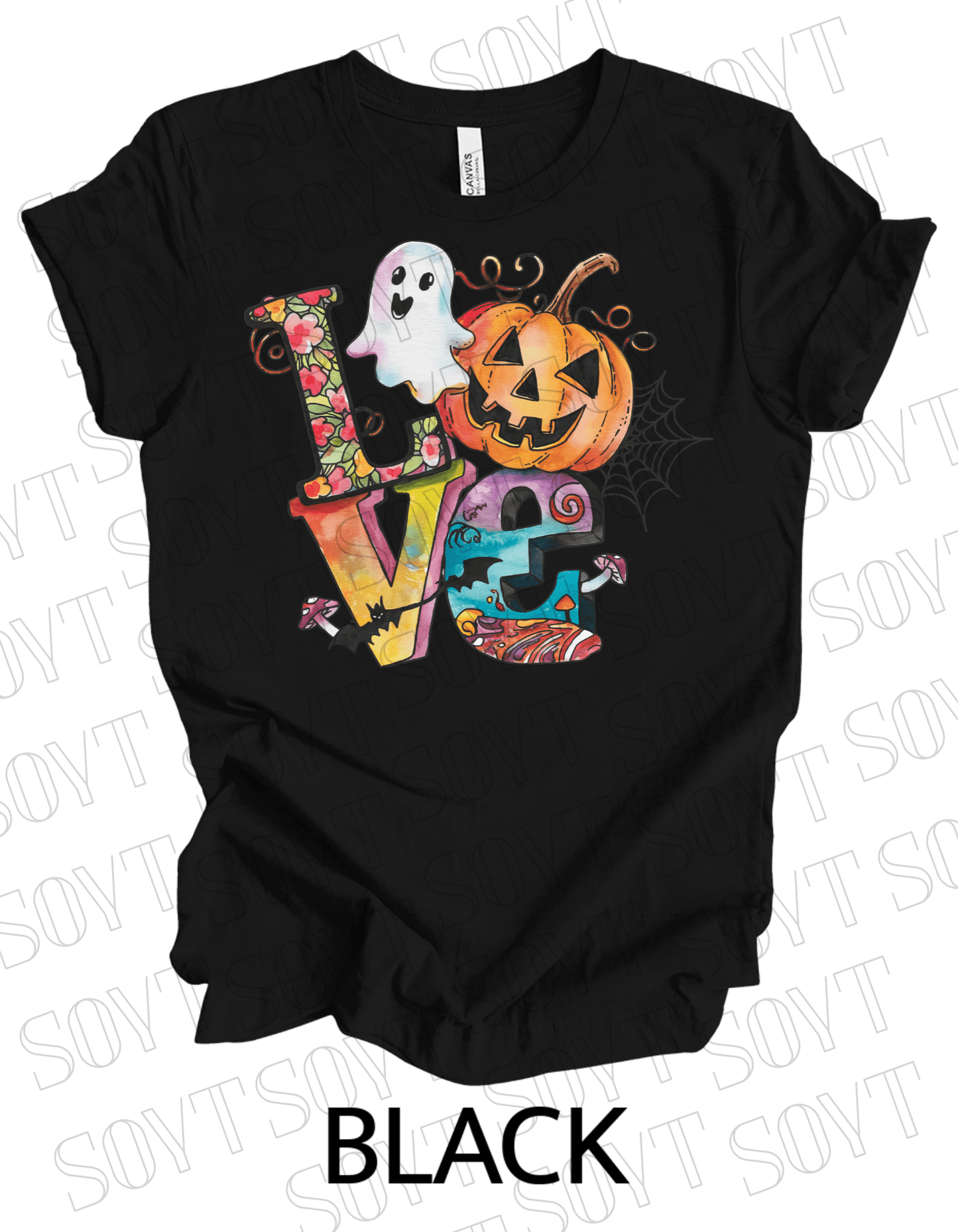 LOVE Halloween T-Shirt – Colorful Ghost, Pumpkin, Bat & Spiderweb Graphic Tee - Festive Apparel StoreBlack