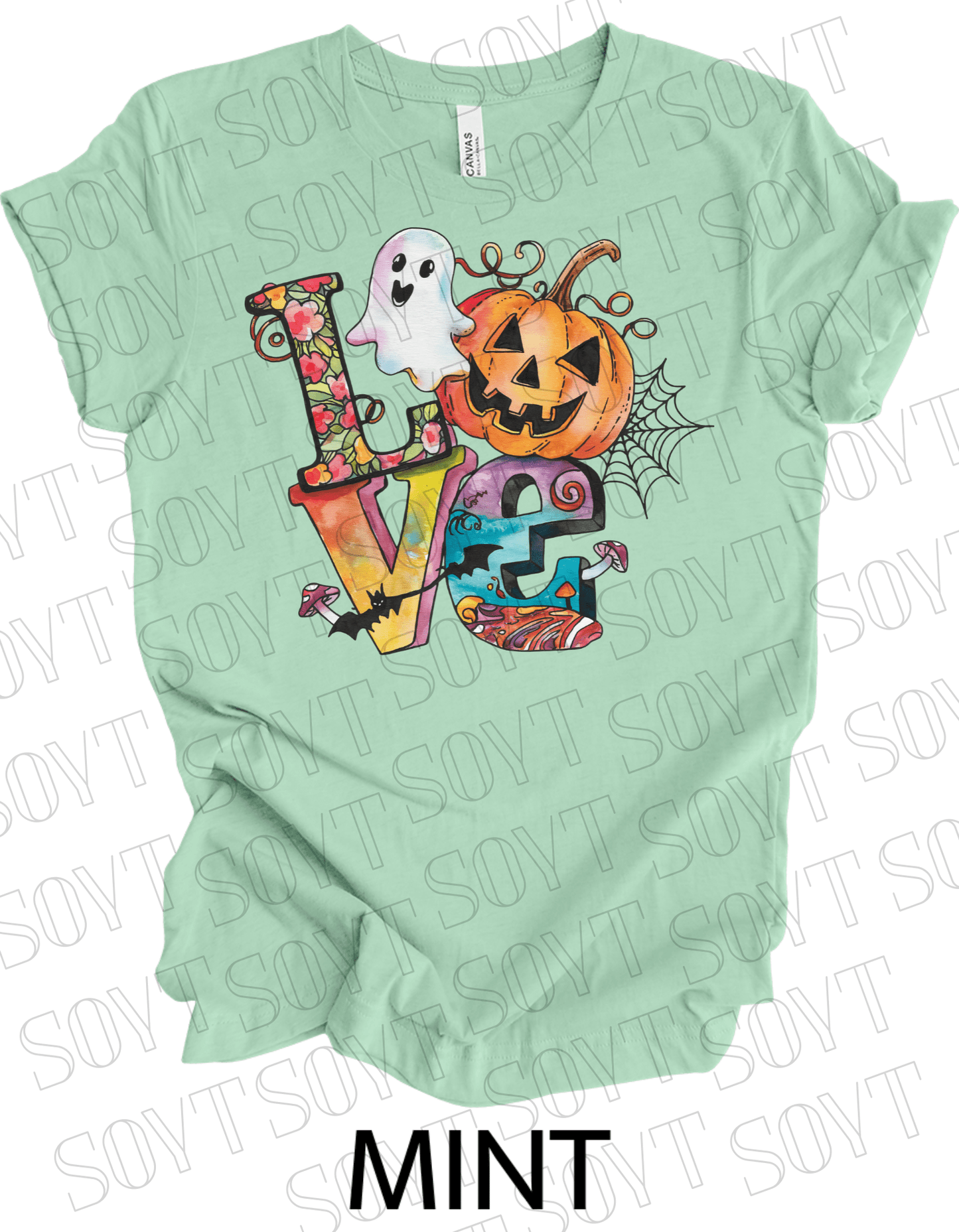 LOVE Halloween T-Shirt – Colorful Ghost, Pumpkin, Bat & Spiderweb Graphic Tee - Festive Apparel StoreMint