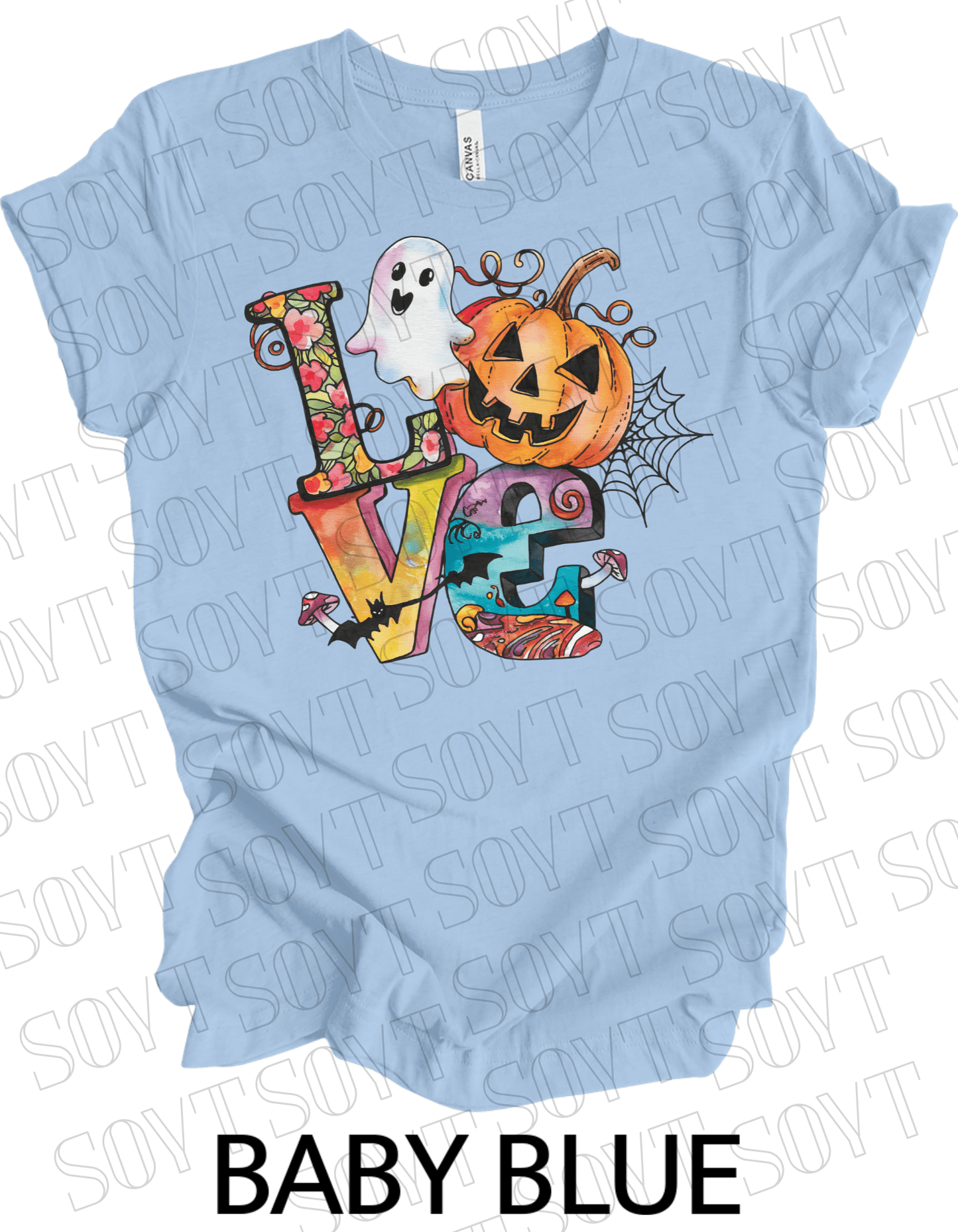 LOVE Halloween T-Shirt – Colorful Ghost, Pumpkin, Bat & Spiderweb Graphic Tee - Festive Apparel StoreBaby Blue