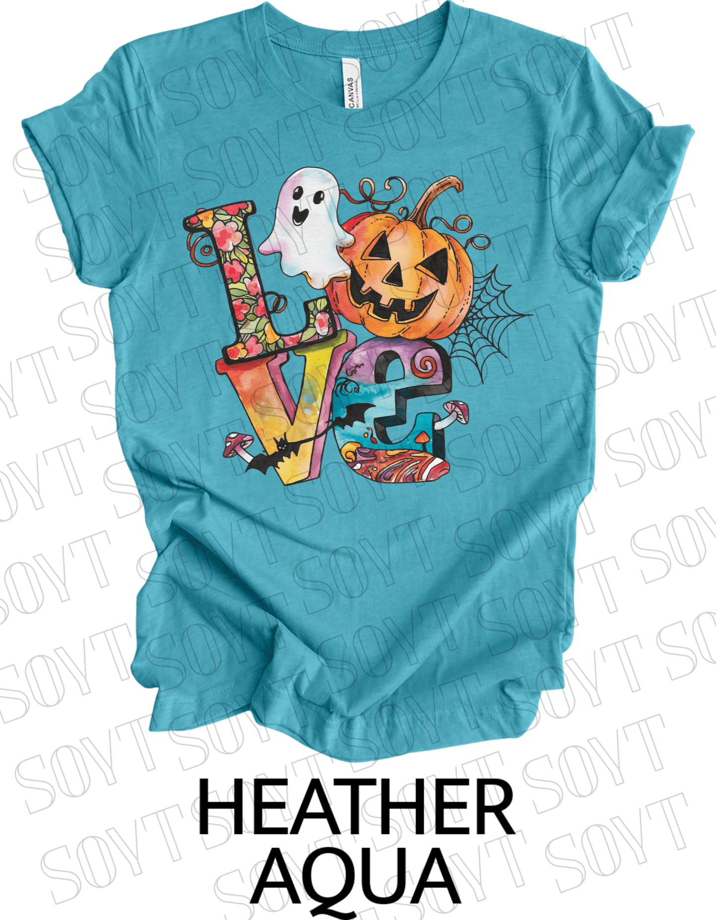 LOVE Halloween T-Shirt – Colorful Ghost, Pumpkin, Bat & Spiderweb Graphic Tee - Festive Apparel StoreHeather Aqua