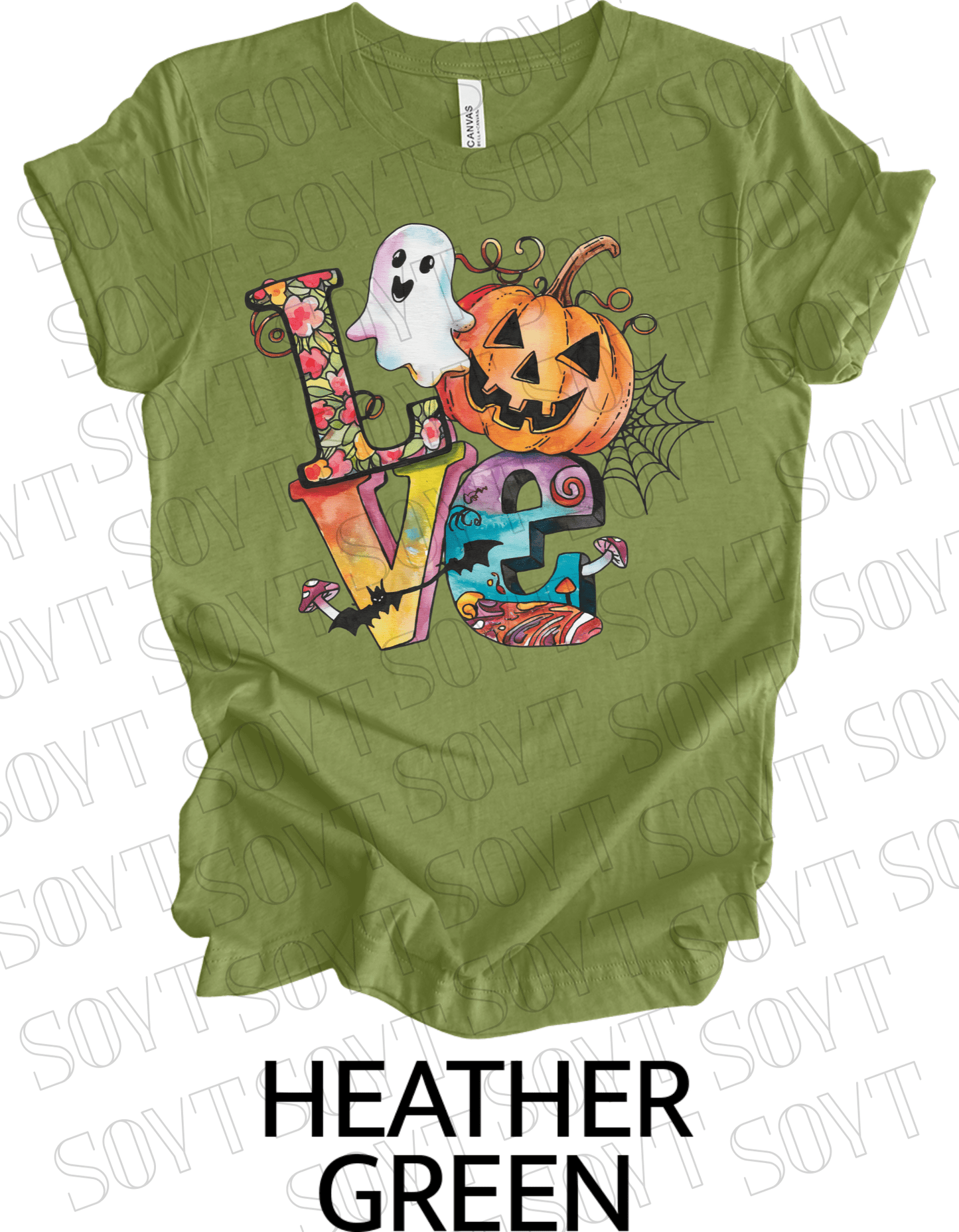 LOVE Halloween T-Shirt – Colorful Ghost, Pumpkin, Bat & Spiderweb Graphic Tee - Festive Apparel StoreHeather Green