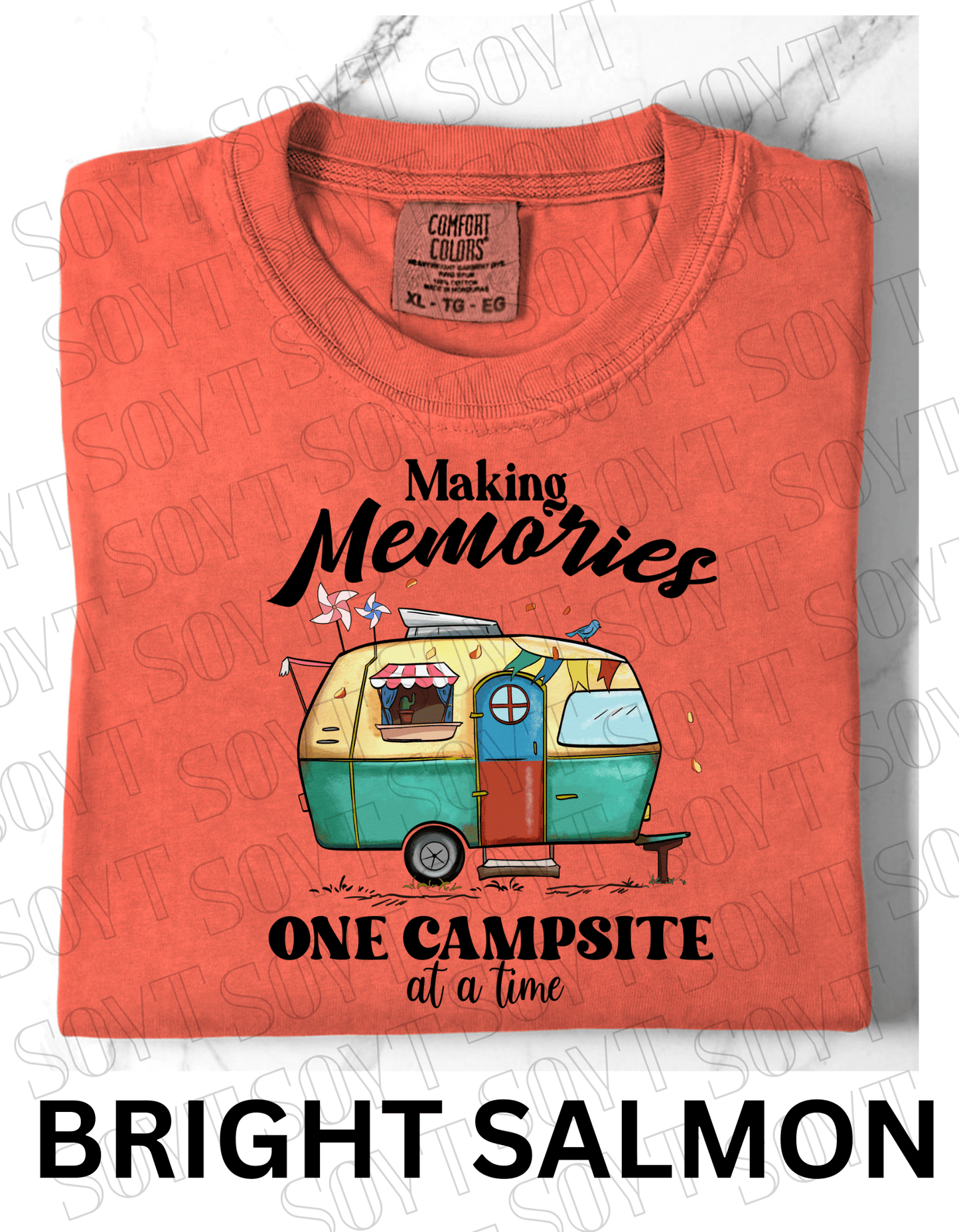 Making Memories One Campsite at a Time T-Shirt – Retro Camper Graphic Tee - Festive Apparel StoreBright Salmon