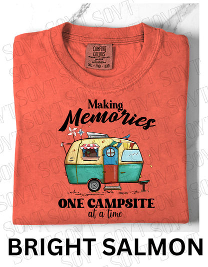 Making Memories One Campsite at a Time T-Shirt – Retro Camper Graphic Tee - Festive Apparel StoreBright Salmon