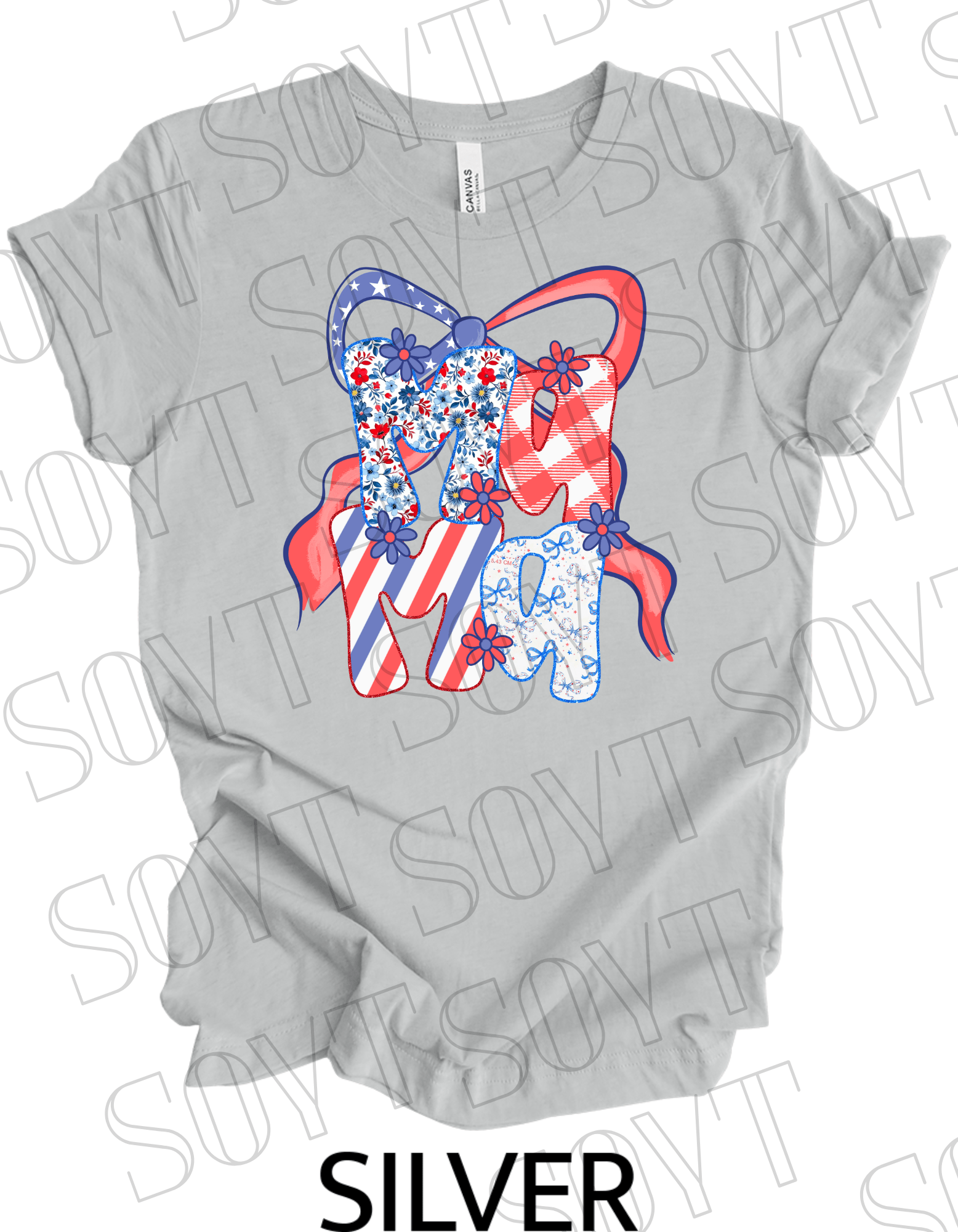 MAMA Patchwork T-Shirt – Bella+Canvas Patriotic Floral Mom Tee - Festive Apparel StoreSilver