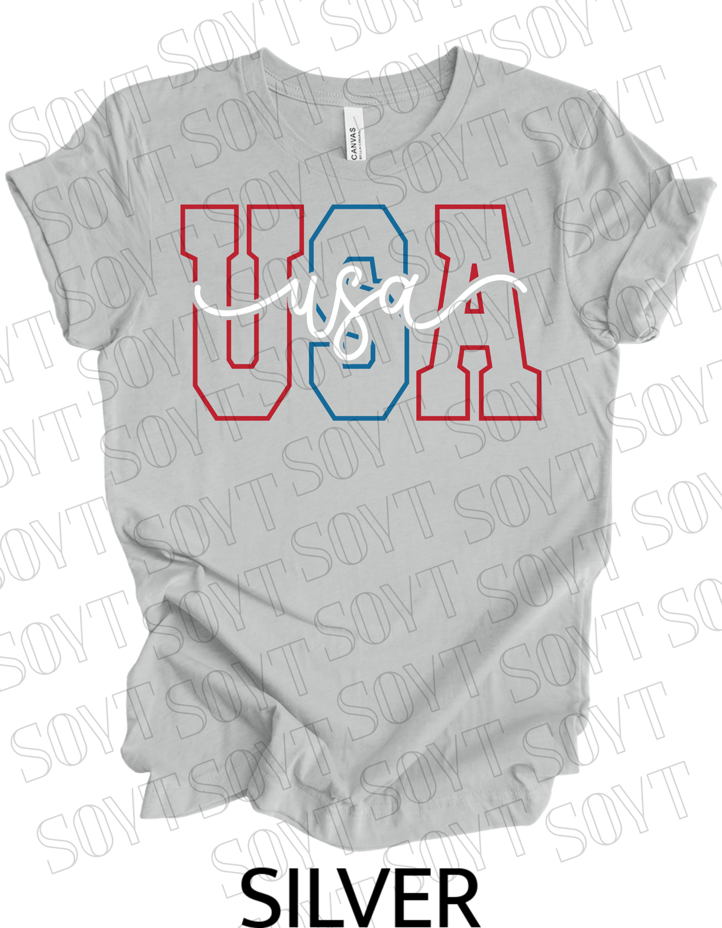 Modern Varsity USA T-Shirt – Patriotic Cursive & Block Letter Tee | Made in USA - Festive Apparel StoreSilver