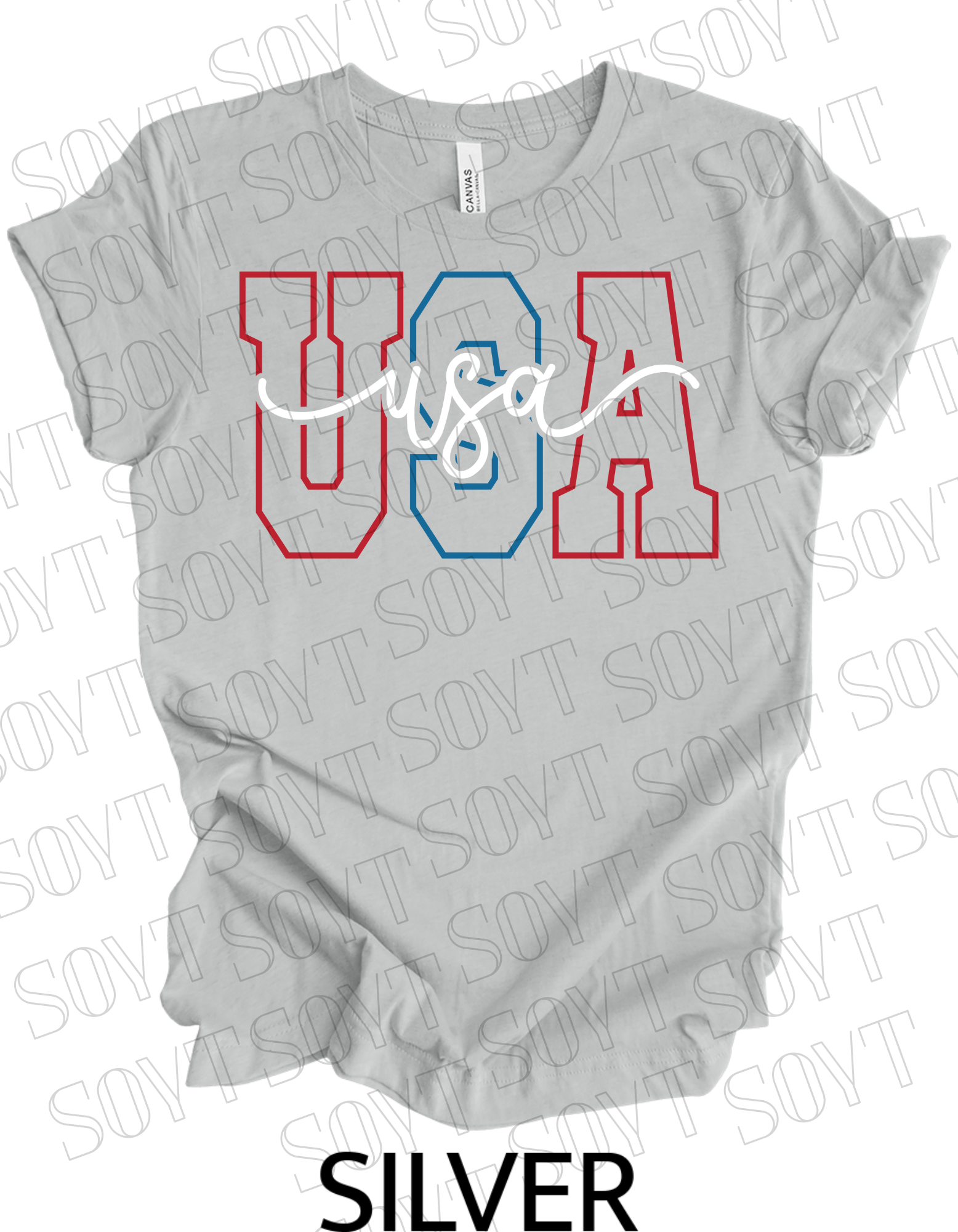 Modern Varsity USA T-Shirt – Patriotic Cursive & Block Letter Tee | Made in USA - Festive Apparel StoreSilver