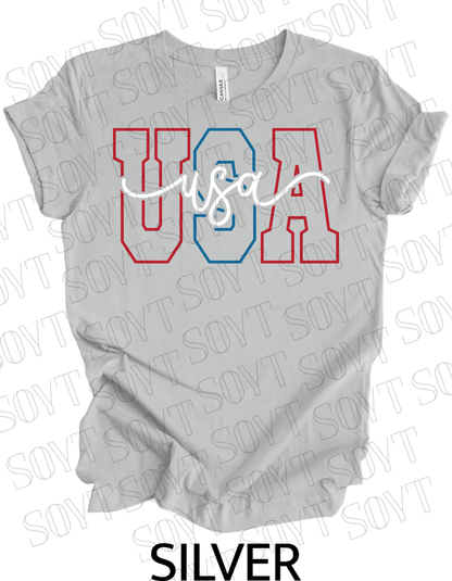 Modern Varsity USA T-Shirt – Patriotic Cursive & Block Letter Tee | Made in USA - Festive Apparel StoreSilver