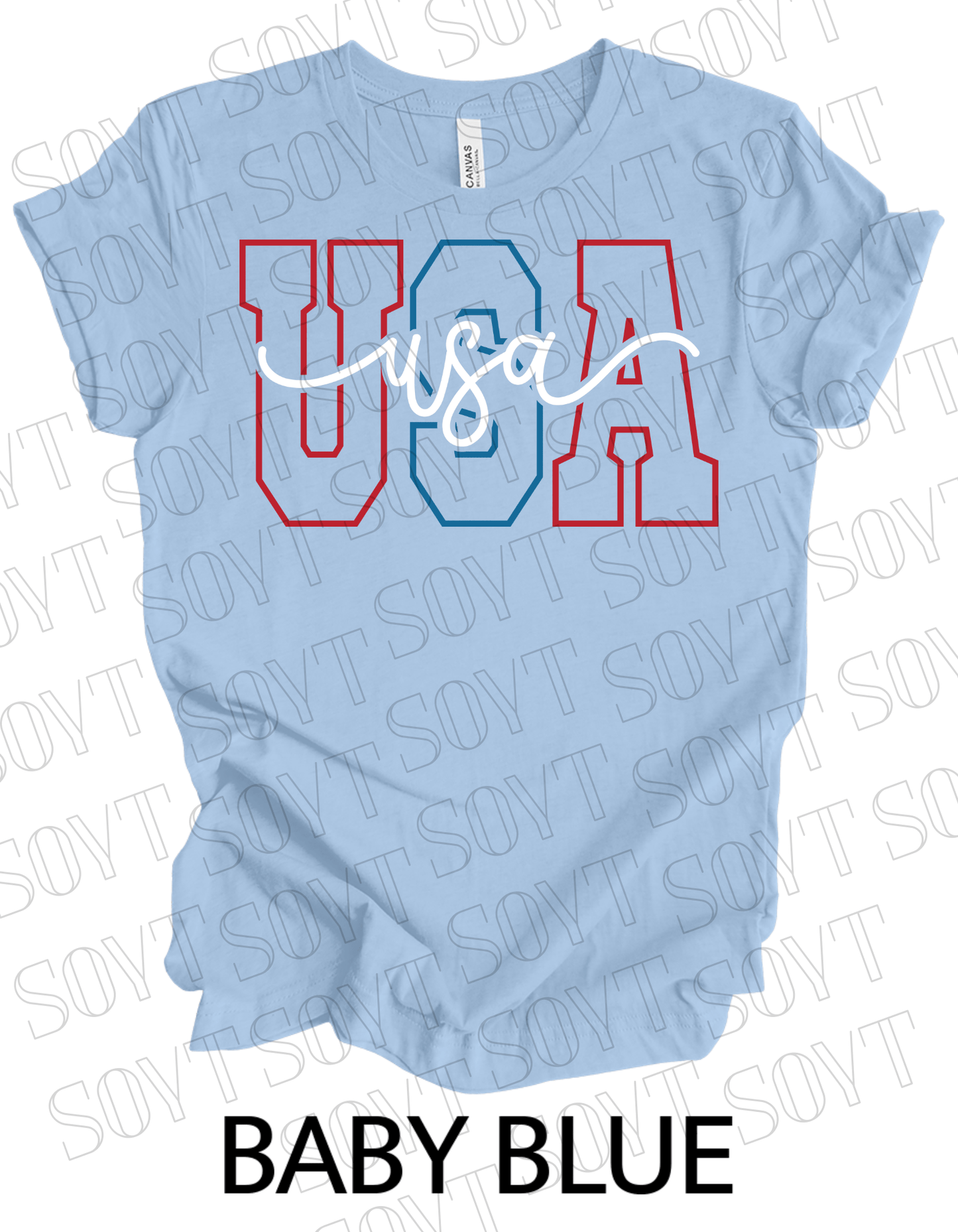 Modern Varsity USA T-Shirt – Patriotic Cursive & Block Letter Tee | Made in USA - Festive Apparel StoreBaby Blue