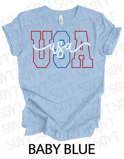 Modern Varsity USA T-Shirt – Patriotic Cursive & Block Letter Tee | Made in USA - Festive Apparel StoreBaby Blue