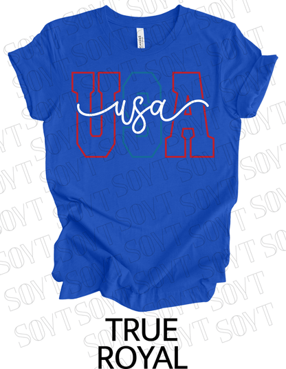Modern Varsity USA T-Shirt – Patriotic Cursive & Block Letter Tee | Made in USA - Festive Apparel StoreRoyal Blue