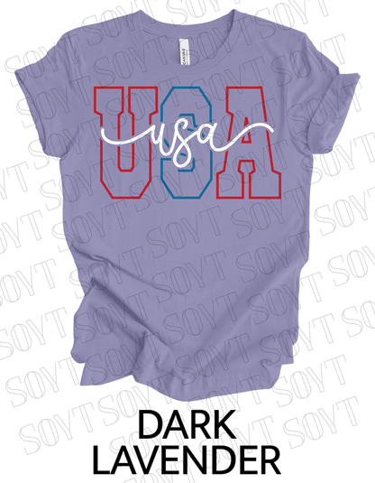 Modern Varsity USA T-Shirt – Patriotic Cursive & Block Letter Tee | Made in USA - Festive Apparel StoreDark Lavender