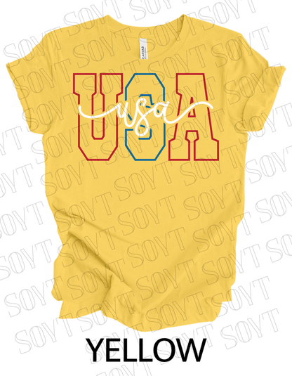 Modern Varsity USA T-Shirt – Patriotic Cursive & Block Letter Tee | Made in USA - Festive Apparel StoreYellow