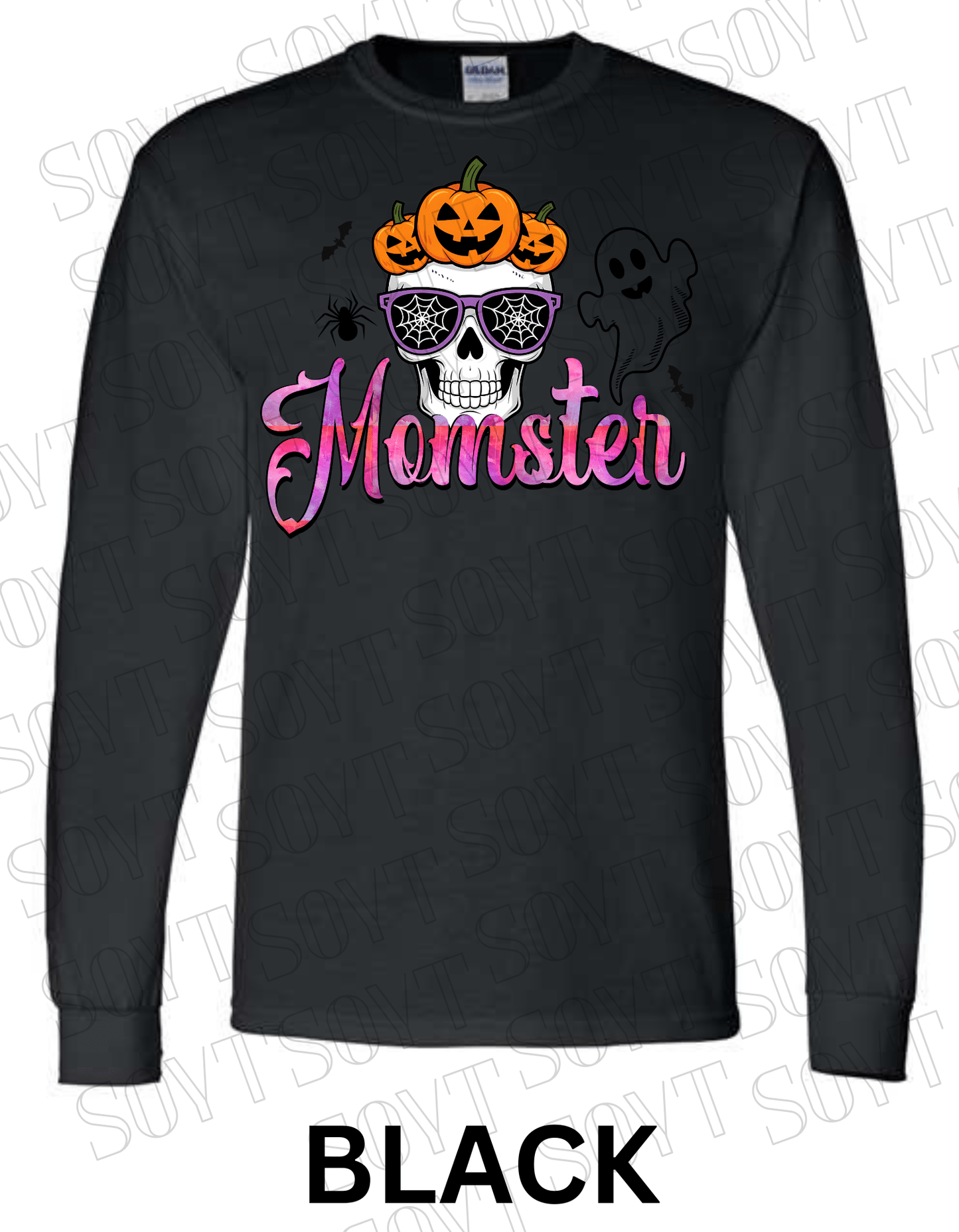 "Momster" Halloween Long Sleeve Shirt – Skull, Pumpkins & Ghost Graphic Tee for Spooky Moms - Festive Apparel StoreBlack