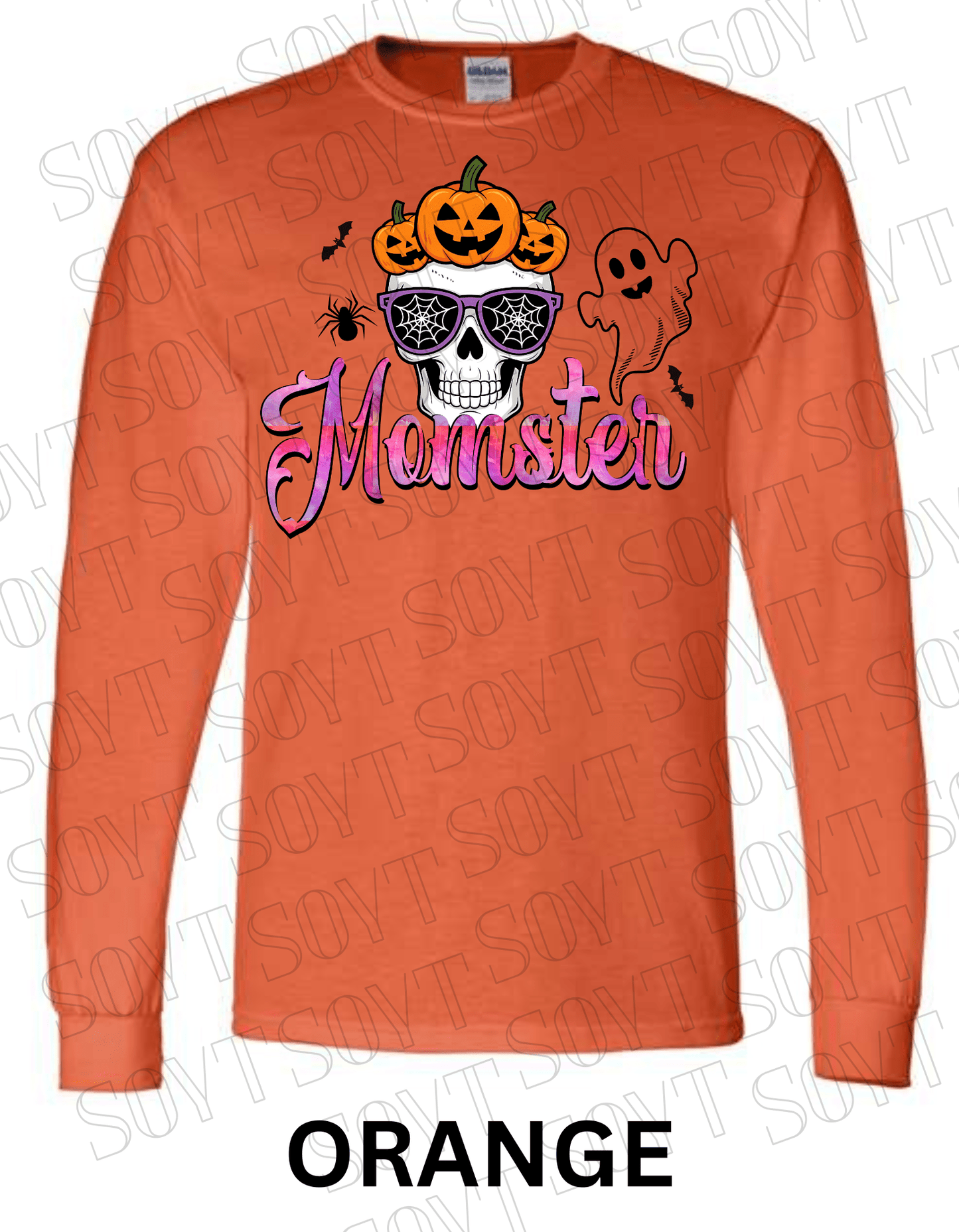 "Momster" Halloween Long Sleeve Shirt – Skull, Pumpkins & Ghost Graphic Tee for Spooky Moms - Festive Apparel StoreOrange