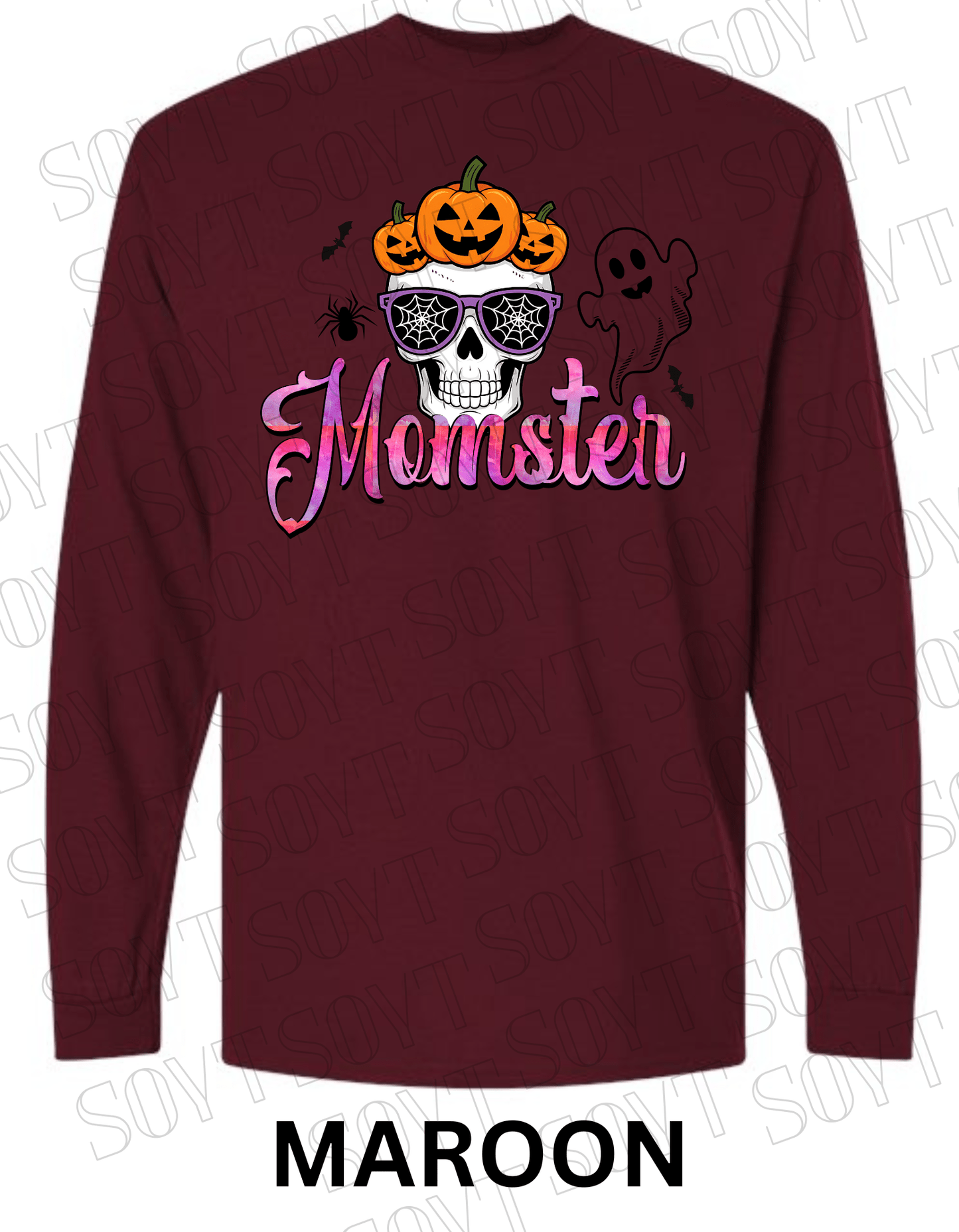"Momster" Halloween Long Sleeve Shirt – Skull, Pumpkins & Ghost Graphic Tee for Spooky Moms - Festive Apparel StoreMaroon