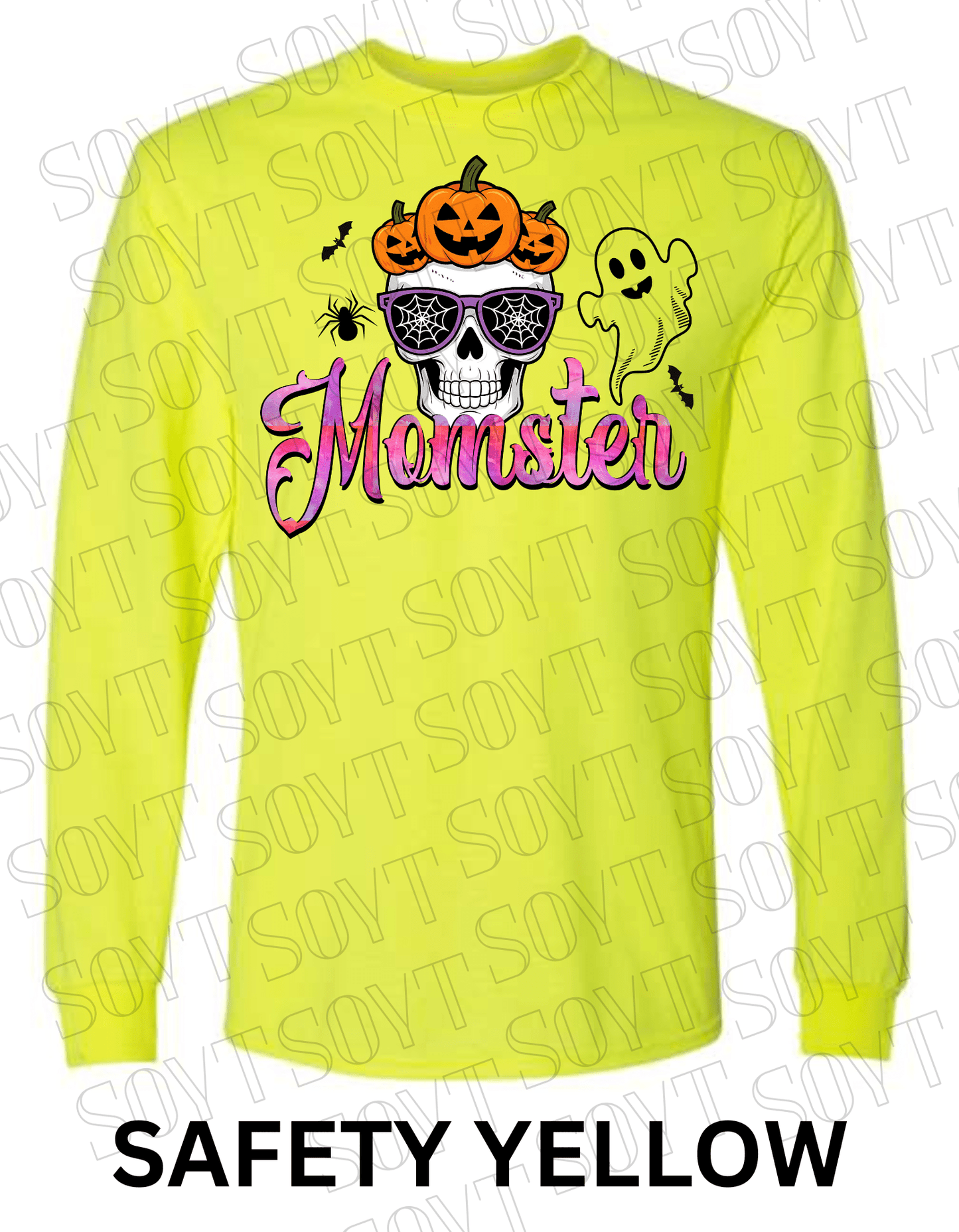"Momster" Halloween Long Sleeve Shirt – Skull, Pumpkins & Ghost Graphic Tee for Spooky Moms - Festive Apparel StoreSafety Yellow