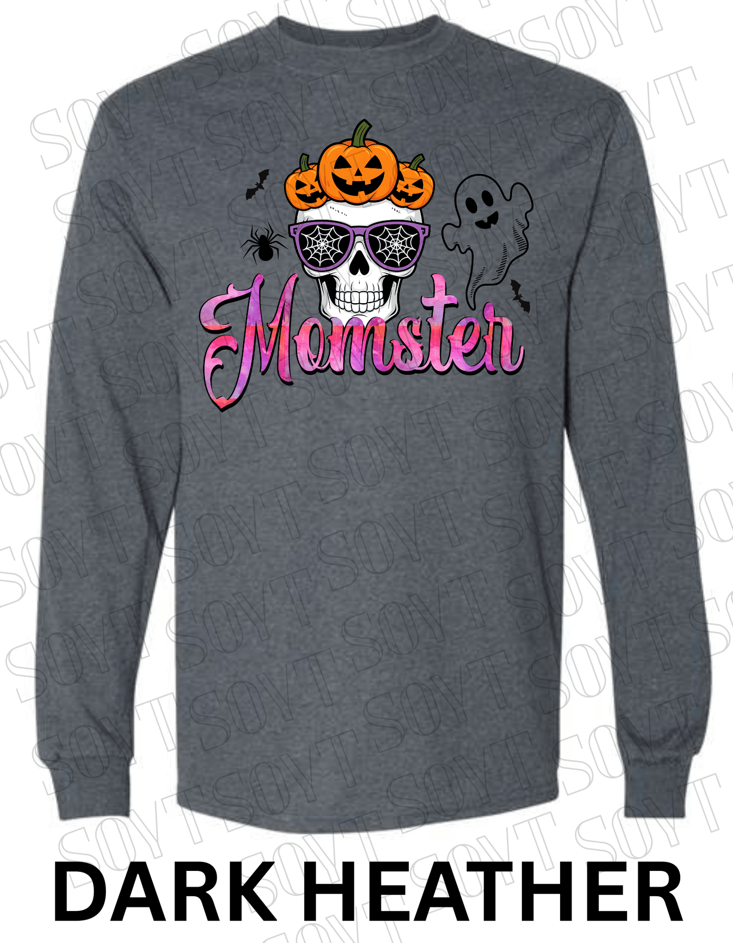 "Momster" Halloween Long Sleeve Shirt – Skull, Pumpkins & Ghost Graphic Tee for Spooky Moms - Festive Apparel StoreDark Heather