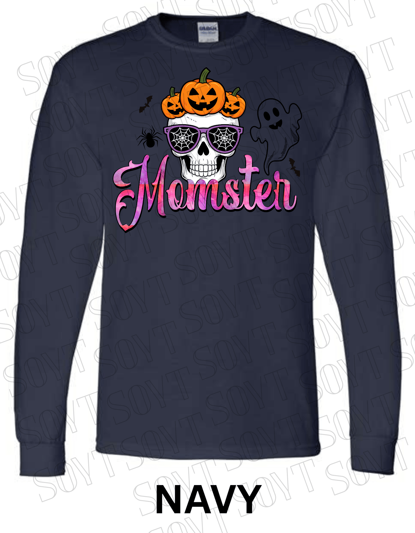 "Momster" Halloween Long Sleeve Shirt – Skull, Pumpkins & Ghost Graphic Tee for Spooky Moms - Festive Apparel StoreNavy Blue