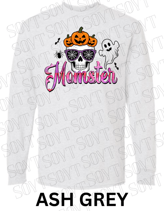 "Momster" Halloween Long Sleeve Shirt – Skull, Pumpkins & Ghost Graphic Tee for Spooky Moms - Festive Apparel StoreAsh Gray